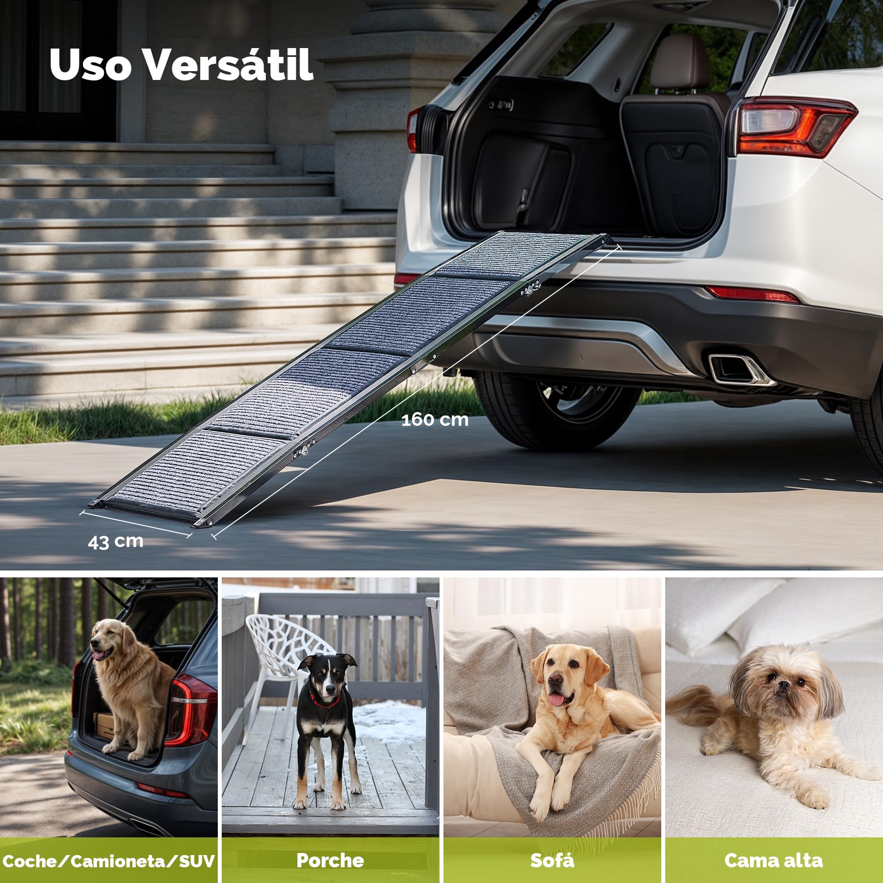 CO-Z Rampa para Perros para Coche, 160 cm Rampa Plegable para Mascotas de hasta 90 kg Superficie Antideslizante para Coche SUV Camioneta Cama Sofá