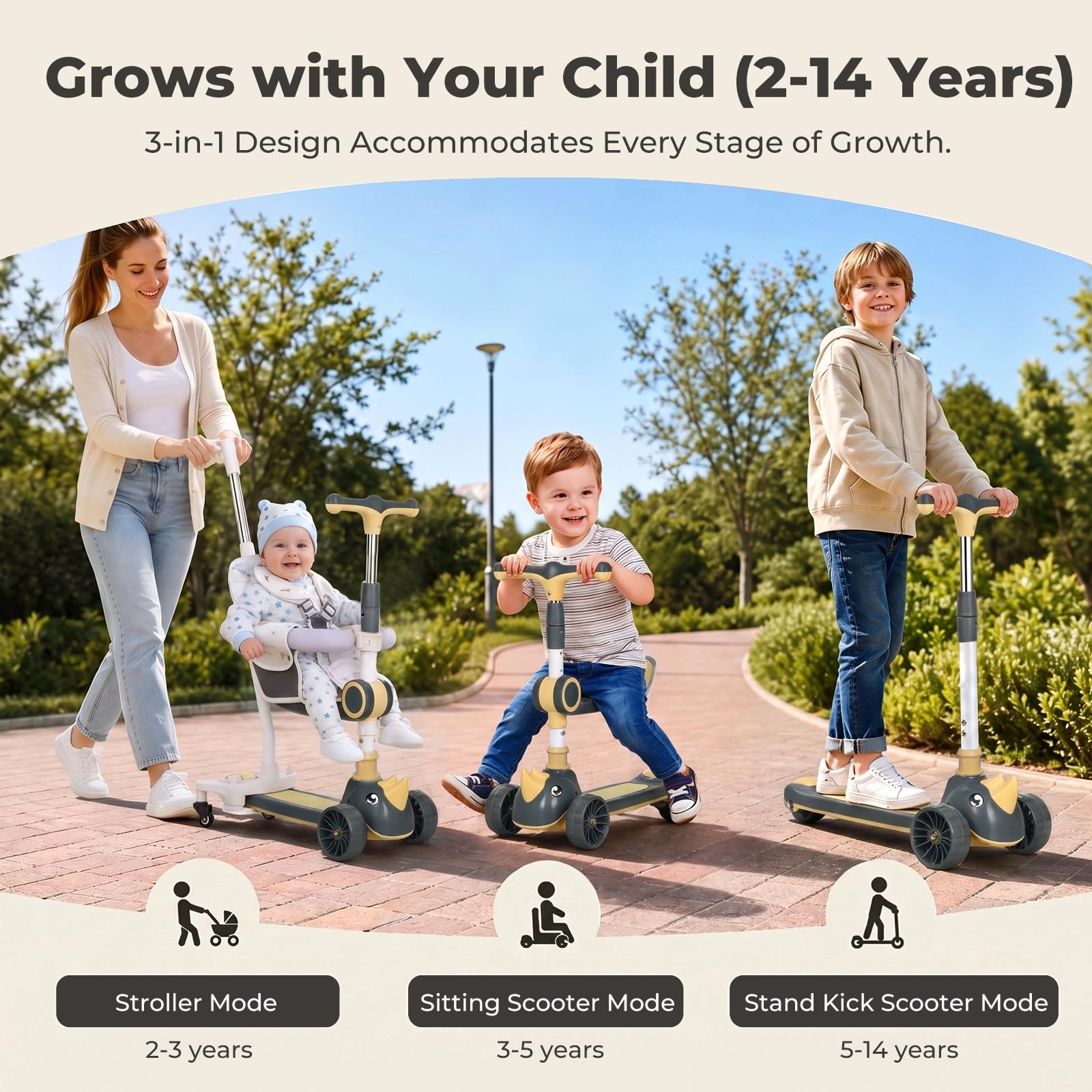 Trottinette 3 en 1 pour enfant avec barre de poussée, siège amovible et roues LED, hauteur réglable sur 3 niveaux, pour enfants de 1 à 8 ans, jusqu'à 50 kg