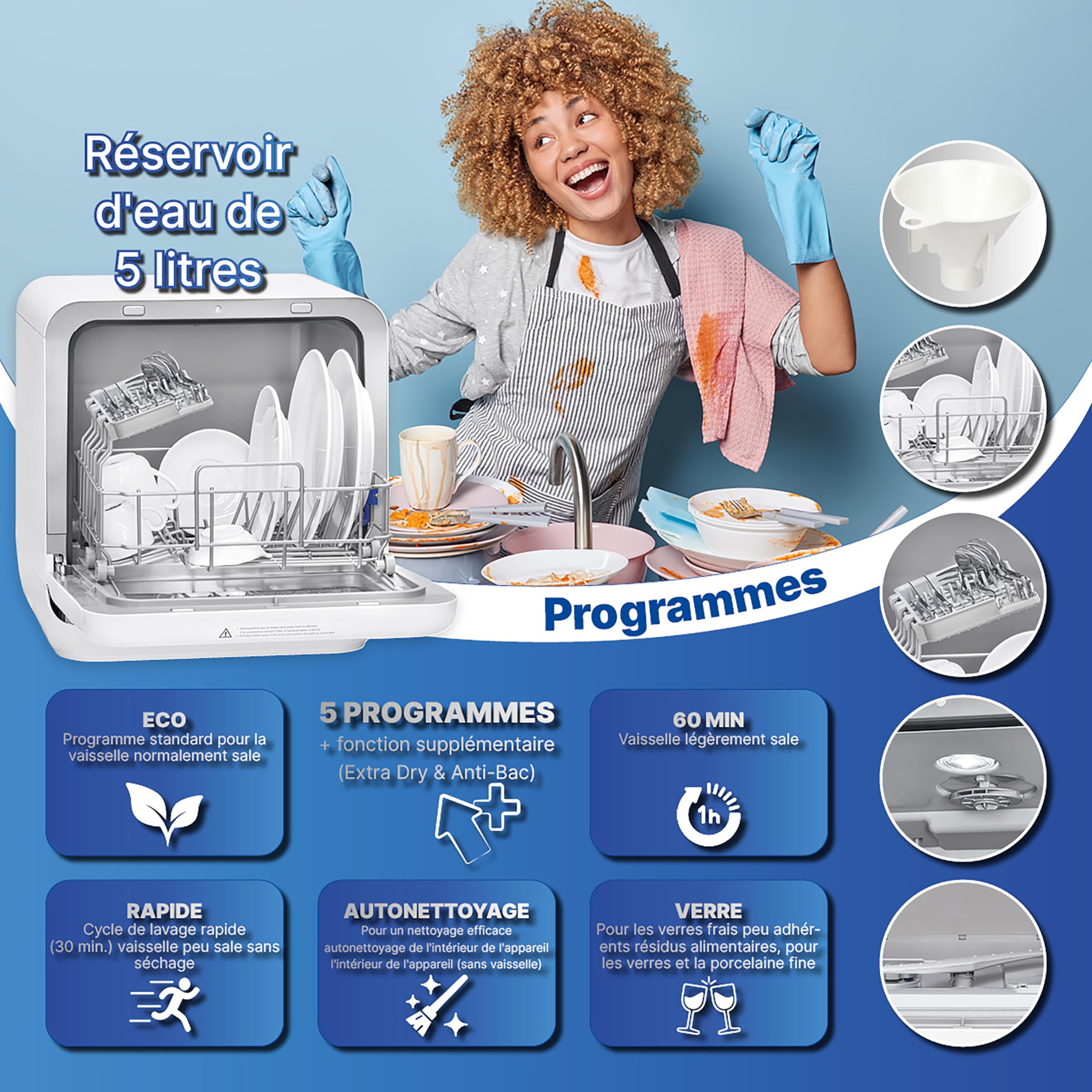 Bomann TSG 757010 Mini Lave-vaisselle avec ou sans raccordement à l'eau 5 programmes Réservoir d'eau 5L et éclairage intérieur 2 niveaux de pulvérisation Blanc