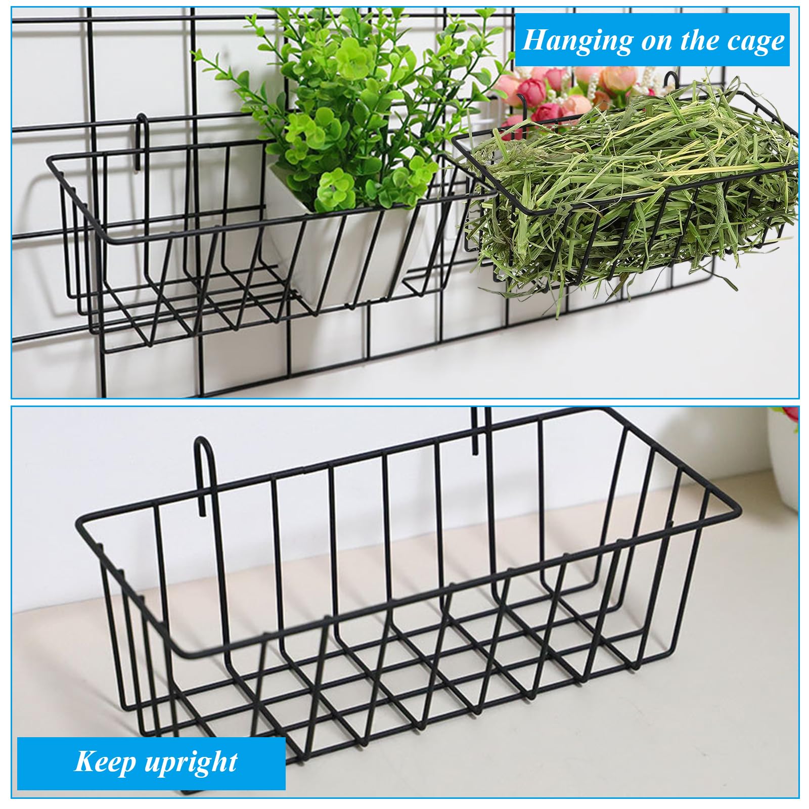 6PCS Rabbit Hay Feeder Bunny Hay Feeder Heavy Duty Metal Rack with Hooks, 9x4x3 Inch Rabbit Hay Holder Cage Hanging Hay Holder for Rabbits Bunny Guinea Pig (Black) - image 3