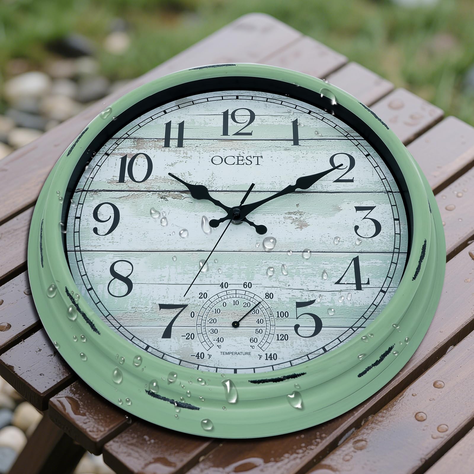 OCEST Grande horloge murale étanche pour intérieur et extérieur de 40,6 cm avec thermomètre, silencieuse, sans tic-tac, fonctionne à piles, décoration pour terrasse, piscine, porche, jardin, garage
