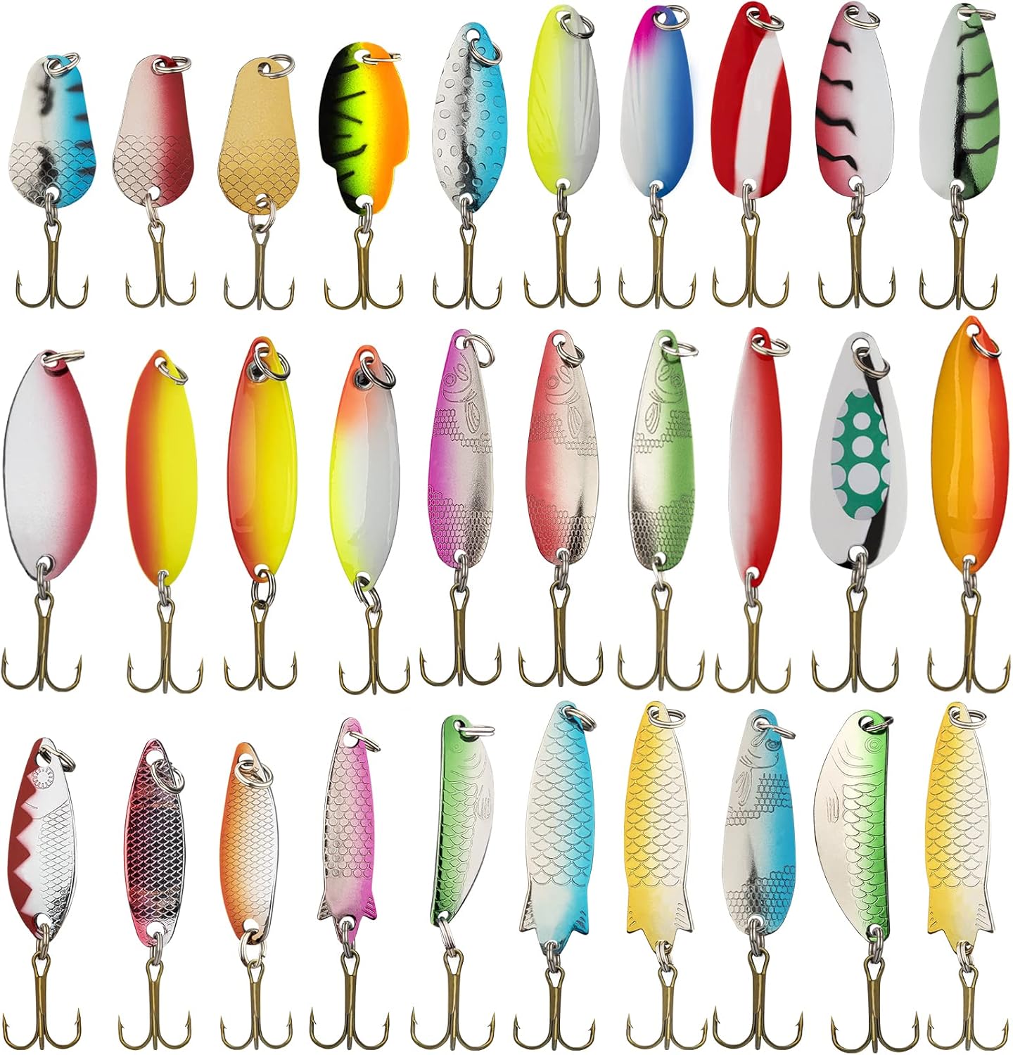 QualyQualy 30Pcs Fishing Lures Baits Tackle, Fishing Spoon Lure Spinnerbait Bass Walleye Trout Salmon Hard Metal Spinner Baits Kit