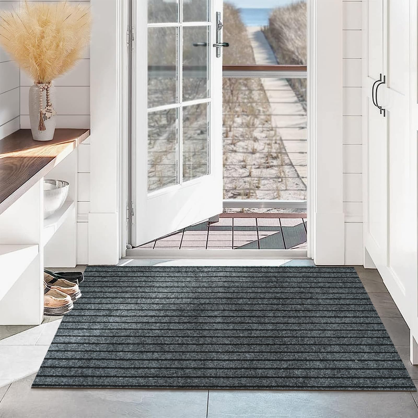ZHXXUJ Front Door Mat Outdoor - Rubber Entrance Mats Non-Slip Welcome Mat Large Patio Entryway Rug Porch Mud Trapper Washable Easy Clean Commercial (Outdoor Doormats-30 x17, Gray Stripe)