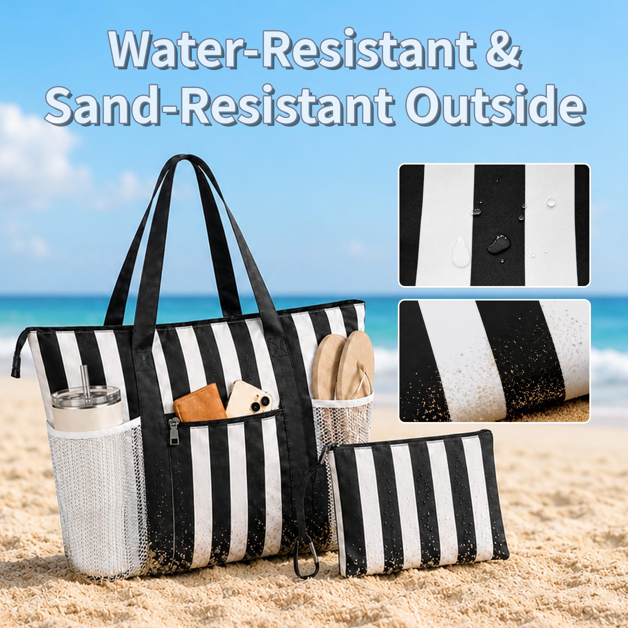 TAHAVICE 35L Große Strandtasche Damen, XXL Badetasche mit 5 Fächern & Nassfach, Wasserdichte Familie Strandtasche mit Reißverschluss, Beach Bag für Reise Strand Pool