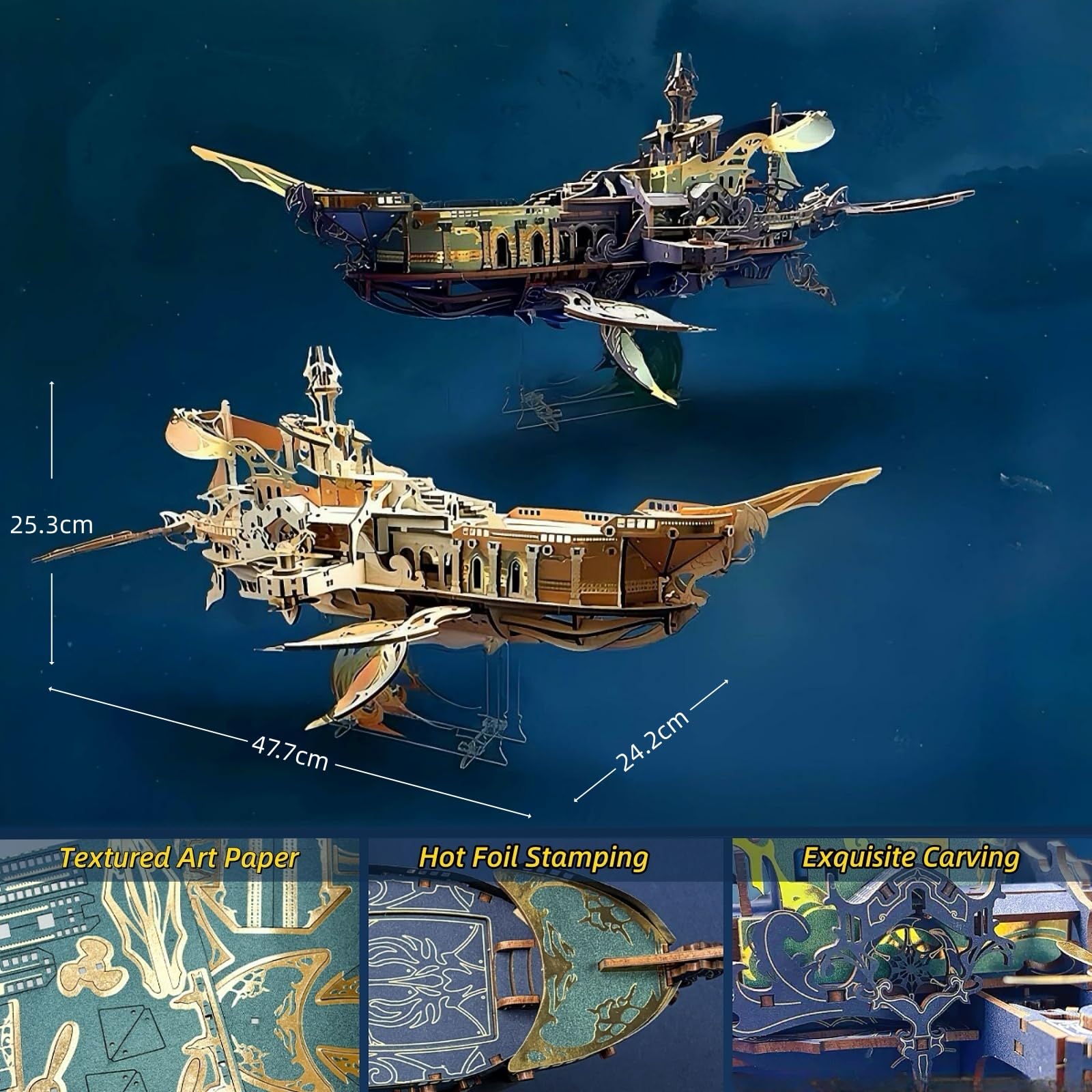 Vintage Steampunk DIY mechaniczne puzzle 3D - Wieloryb Arka Wszechświata zestaw modelowy z ruchomymi skrzydłami - śmigła i dźwięk wieloryba, statek kosmiczny Fantasy Atlantis (Dawn PLATINUM WHITE)