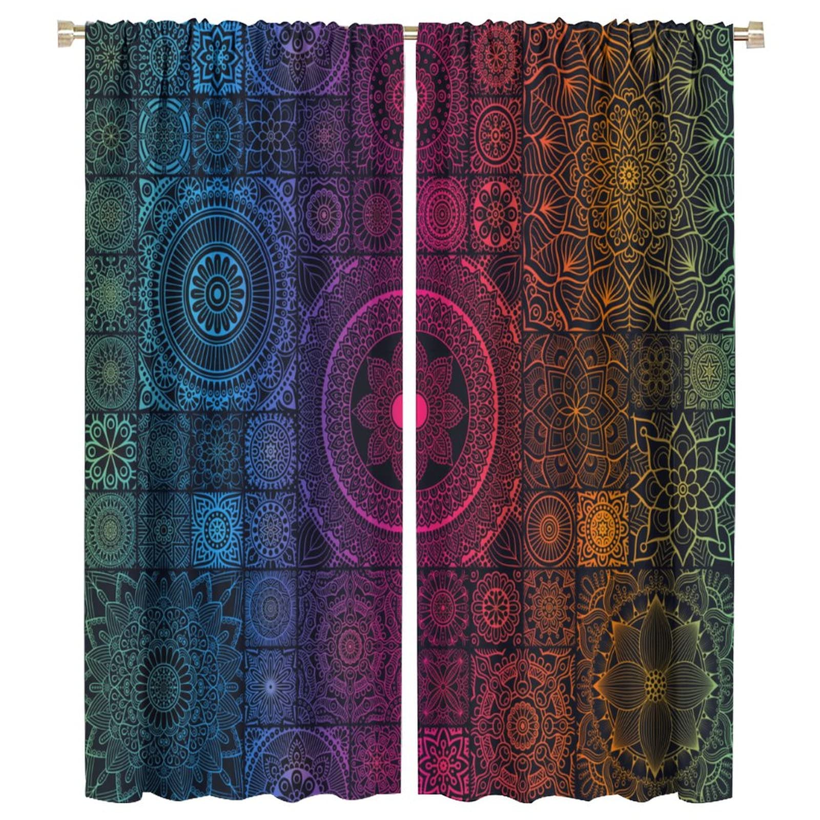 Bohemian Floral Curtains,Indian Mandala Hippie Vintage Hand Drawn Room Darkening Door Window Rod Pocket Curtain for Living Room Bedroom Kitchen