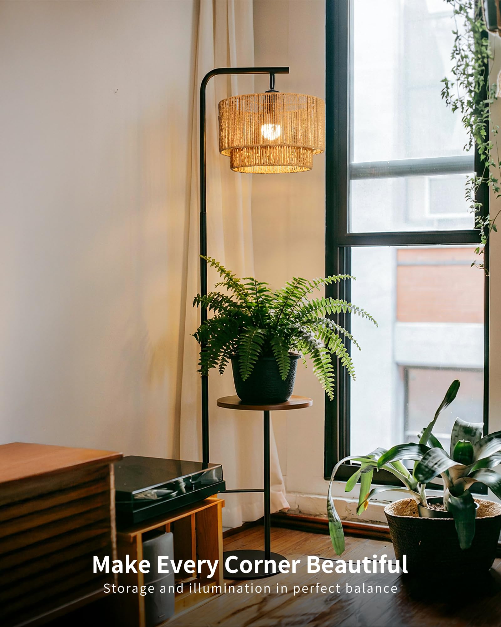 Stehlampe Wohnzimmer Rattan mit Ablage – Vintage Stehleuchte, E27 Standlampe Boho mit Verstellbar Lampenkopf, 3 Farbtemperaturen per Fußschalter, H170cm für Schlafzimmer WOVI FL12