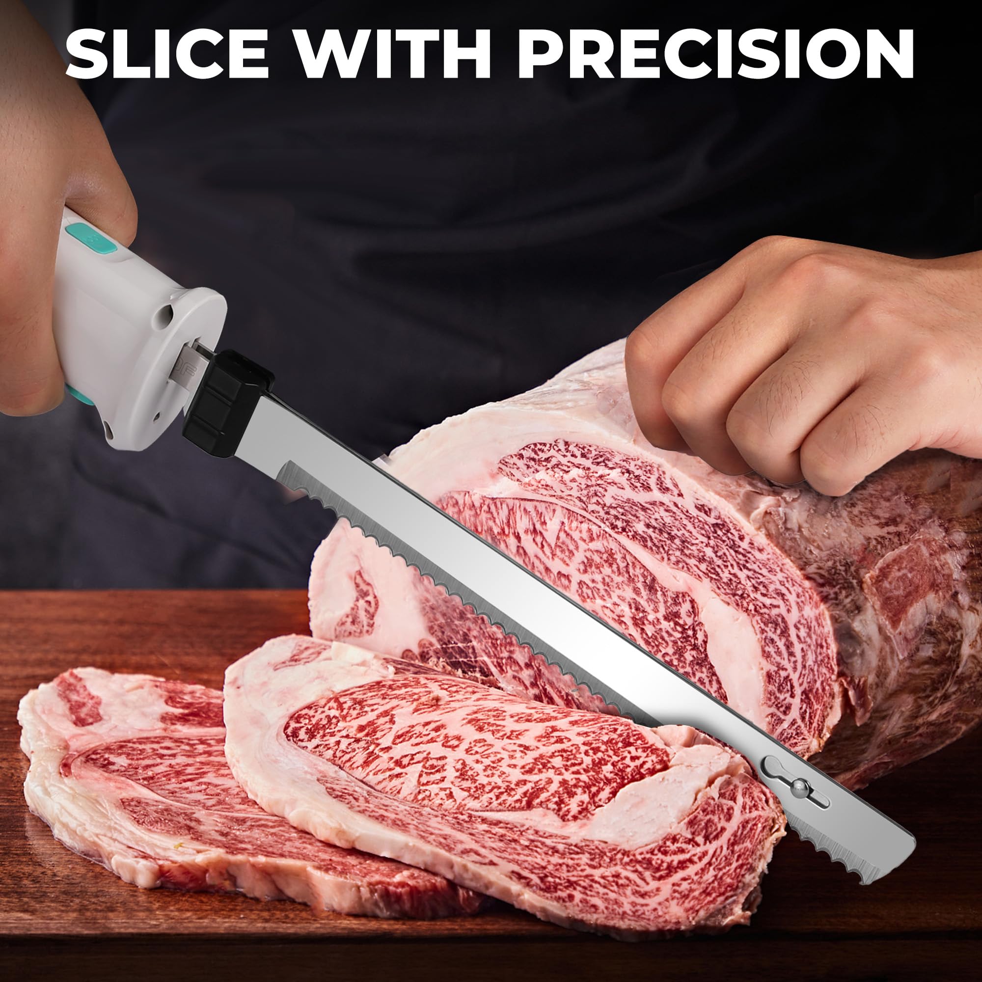 HAUSHOF Cordless Electric Knife Set for Meat Slicing, 8V Electric Carving Knife for Fish, Bread, Turkey, Rechargeable Meat Cutter with Reciprocating Stainless Steel Blades, Safety Lock & Storage Case