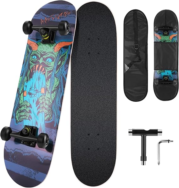 WeSkate Skateboards for Beginners, Upgraded 31"x8" Complete Standard Skateboard for Kid Teen Adult, 8 Layer Canadian Maple Double Kick Concave Cruiser Trick Skateboard with All-in-1 Skate T-Tool & Bag