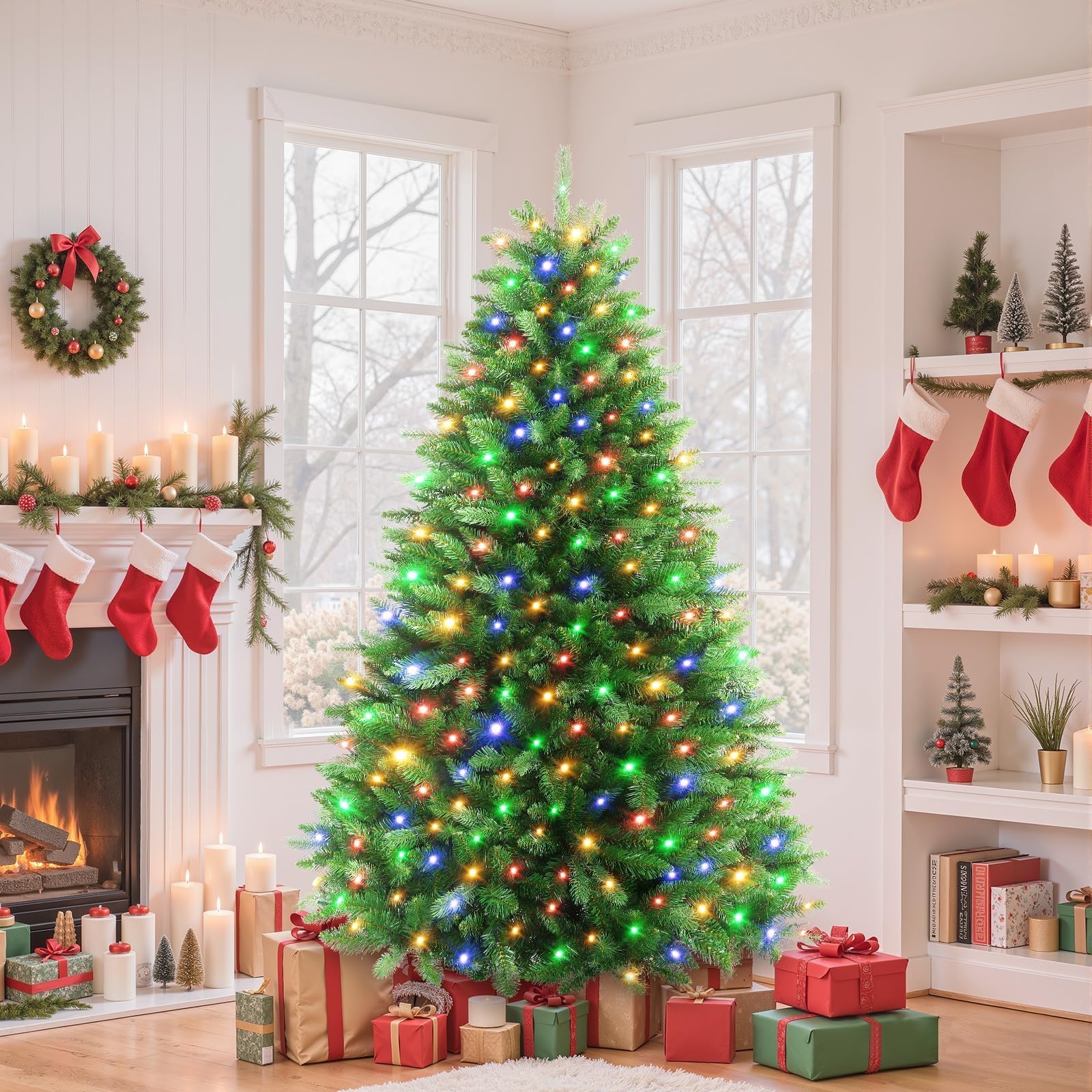 SHareconn 180 cm Arbol de Navidad Artificial con Luces Led, con 1322 PE y PVC Puntas de Rama, con 350 Luces Blancas Cálidas & Multicolores y 12 Modos de luz, Soporte de Metal Plegable, Montaje Rápido