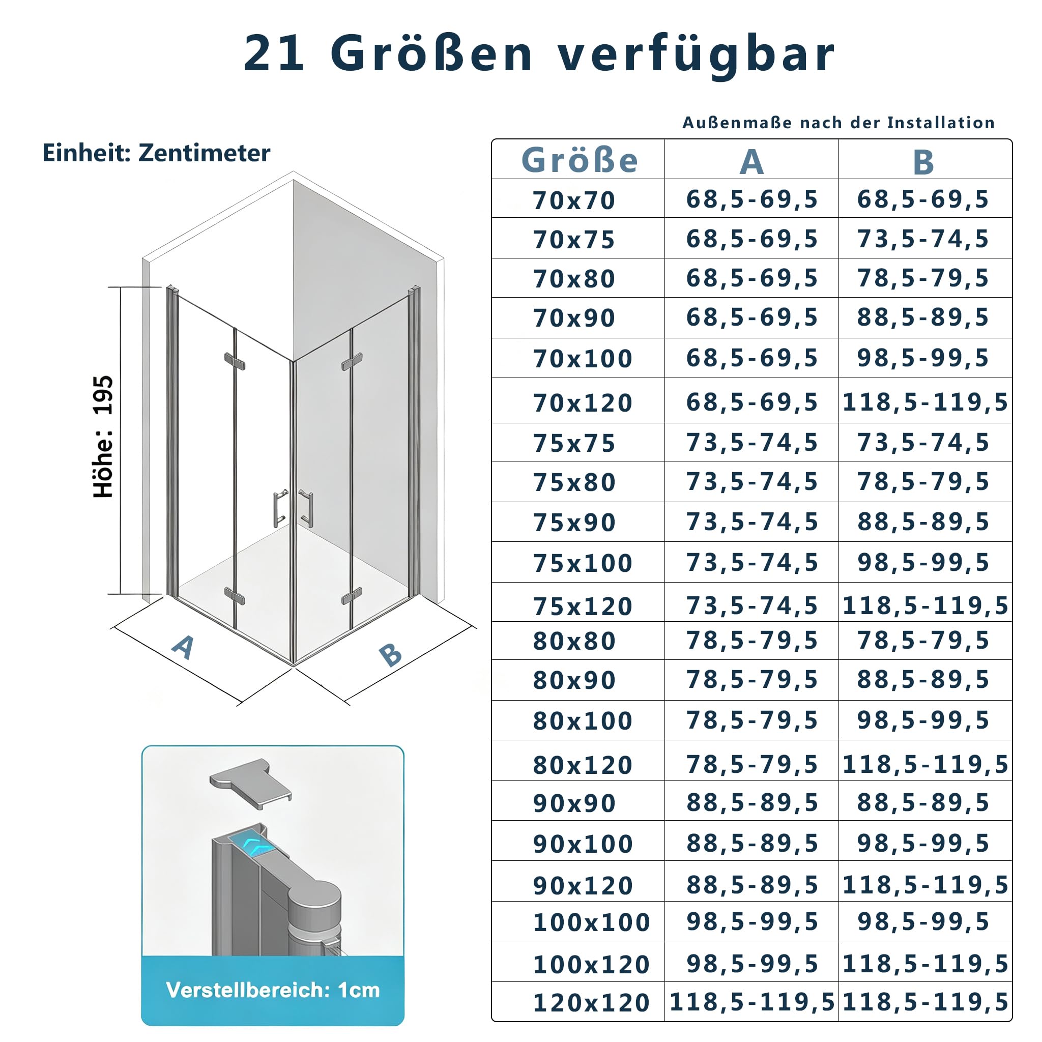 Duschkabine Eckeinstieg 70x120x195 cm Doppel Falttür 180º – 6mm ESG Sicherheitsglas, Nano-Beschichtung, ohne Duschwanne