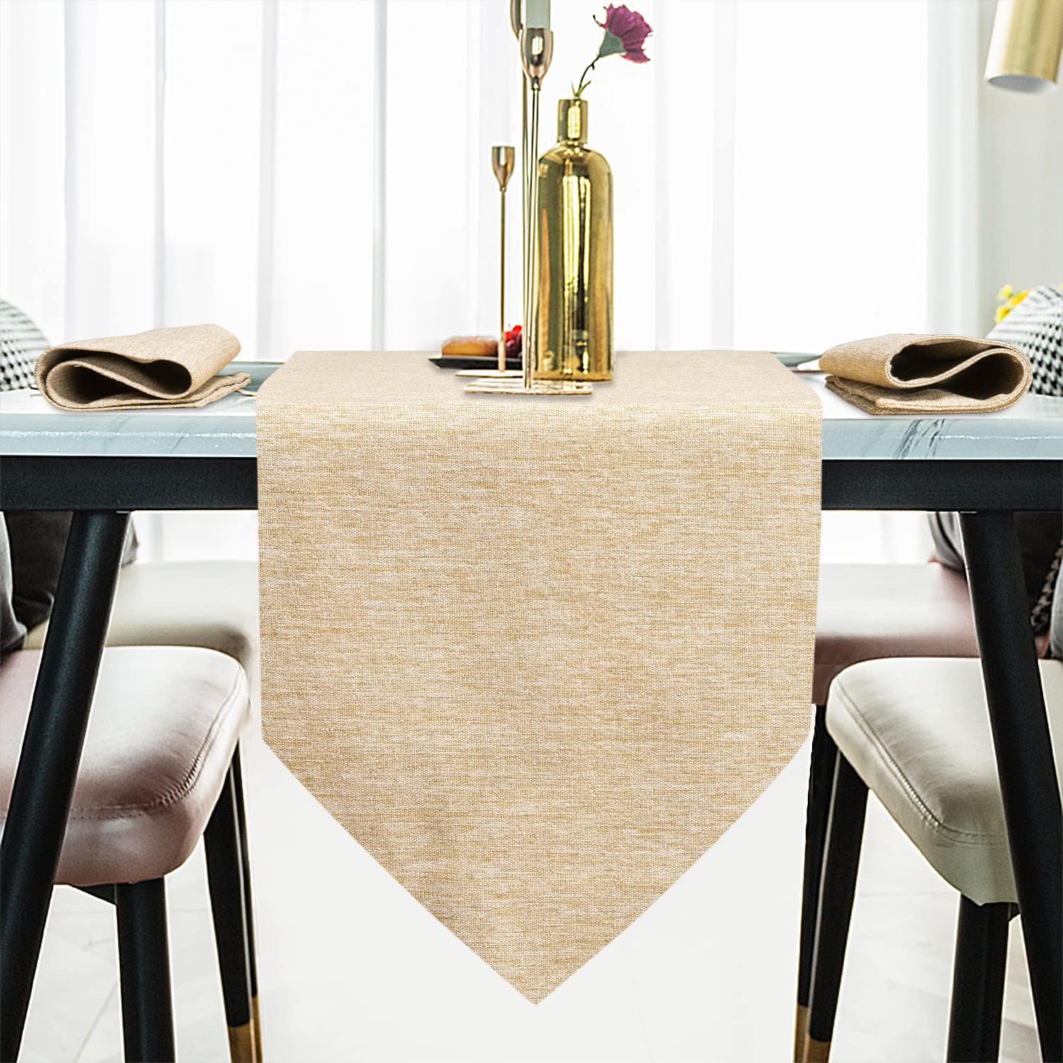 Dubulle Light Brown Table Runner and 6 Placemats Cotton Burlap Heat Resistant Washable Kitchen Dining Farmhouse Table Runner & Place Mats Set