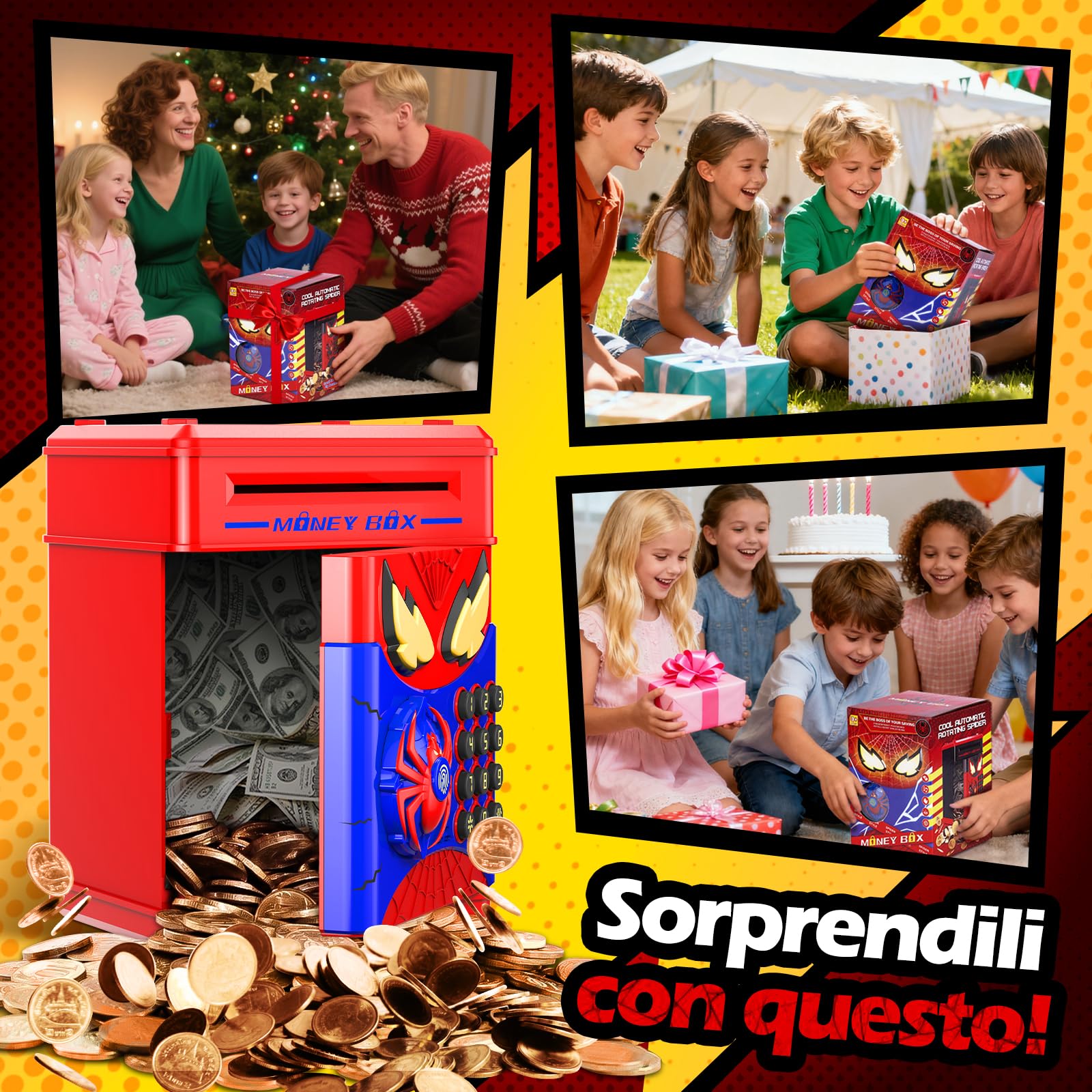 Salvadanaio Bambini - Salvadanaio Elettronico Cassaforte Spider con Impronta Digitale e Codice, Regalo Gioco Educativo Bambini 3 4 5 6 7 8 10 12 Anni