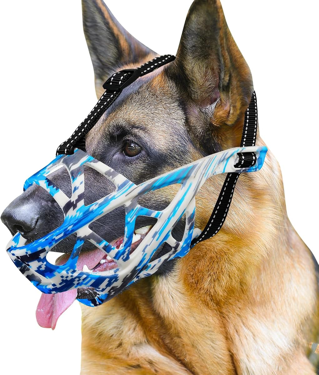 Bozal para perros grandes y medianos, bozal de cesta pequeño y transpirable para razas de nariz larga, diseño humano sin mordeduras y sin ladridos, permite beber jadeando, ideal para entrenamiento de aseo. (Azul, XL)
