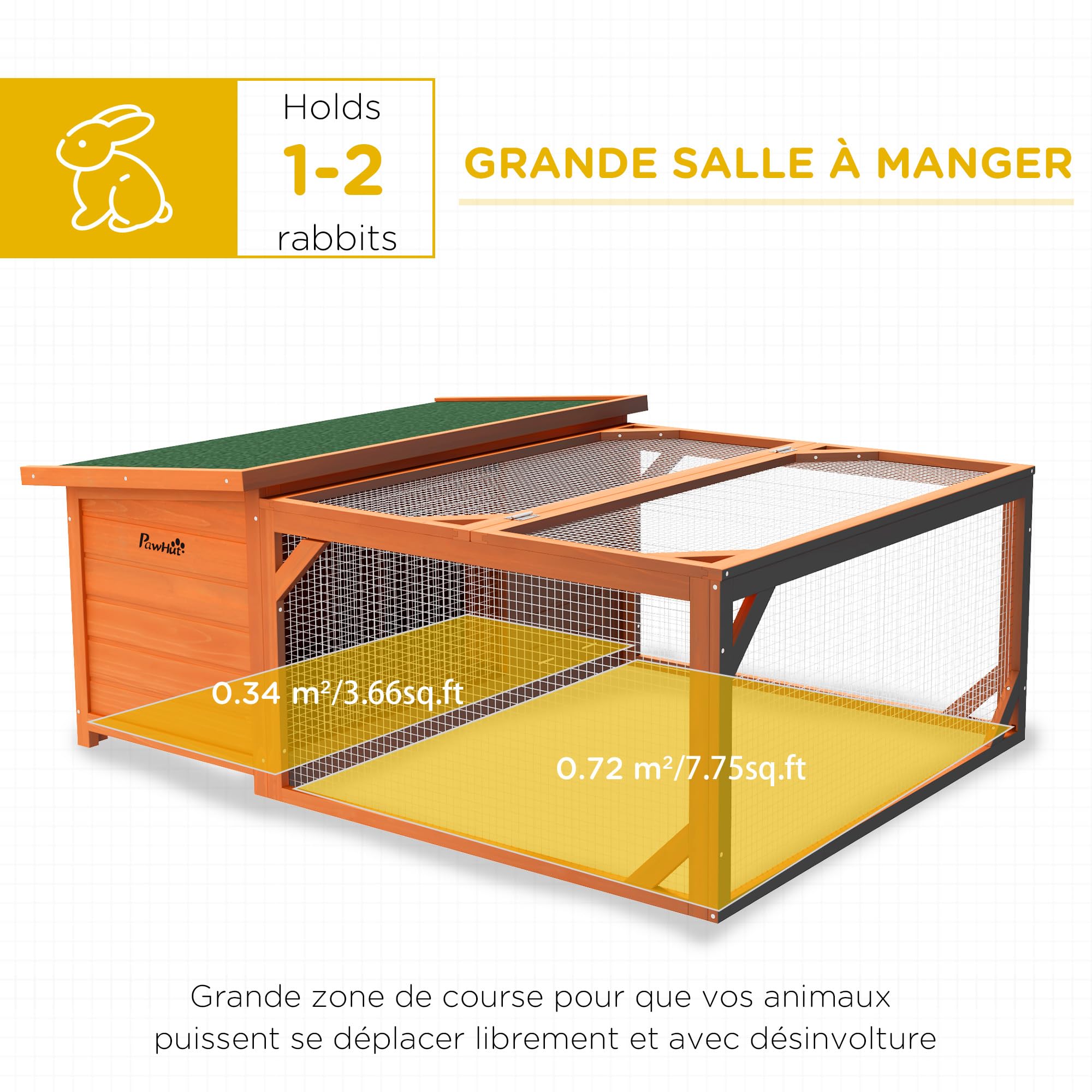PawHut Clapier d'extérieur, Cage Lapin avec enclos, Toit en Asphalte, Cage à Lapin en Bois, pour Petits Animaux, cochons d'Inde et Canards, 125,5 x 100 x 49 cm, Orange
