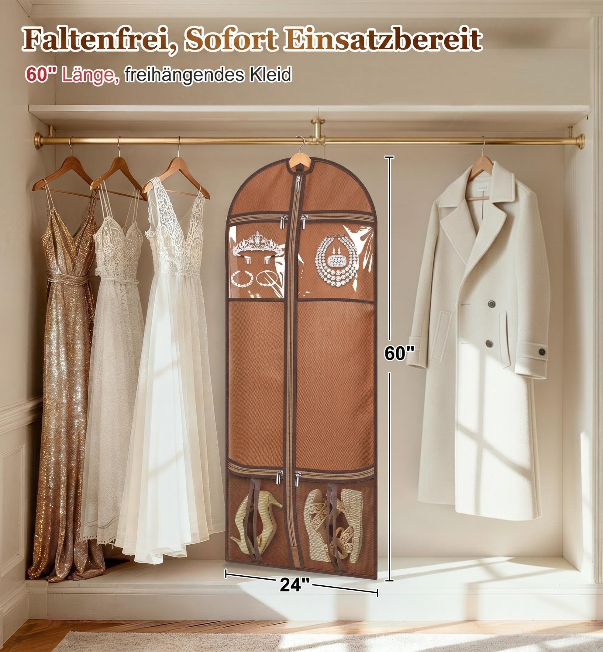 MISSLO Kleidersack Lang 152CM, Anzugtasche Kleidersack für Reisen mit 4 Großen Taschen und Griffen, Schwere Kleiderhülle Damen Kleiderschutzhülle für Abendkleider, Mantel, Kleider, Kleidung, Beige