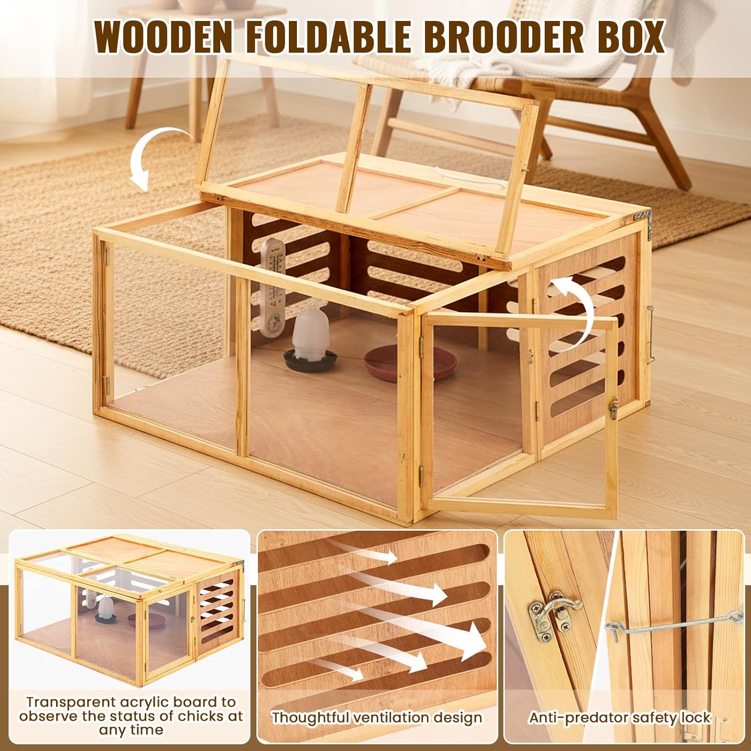 Large Chicken Brooder Box Kits 32x32x16 in Wooden Foldable Chick Brooder Box with Heated Light Thermometer Portable with Handle for up to 70 Chickens, Ducks, Quails, Hamsters, No Assembly