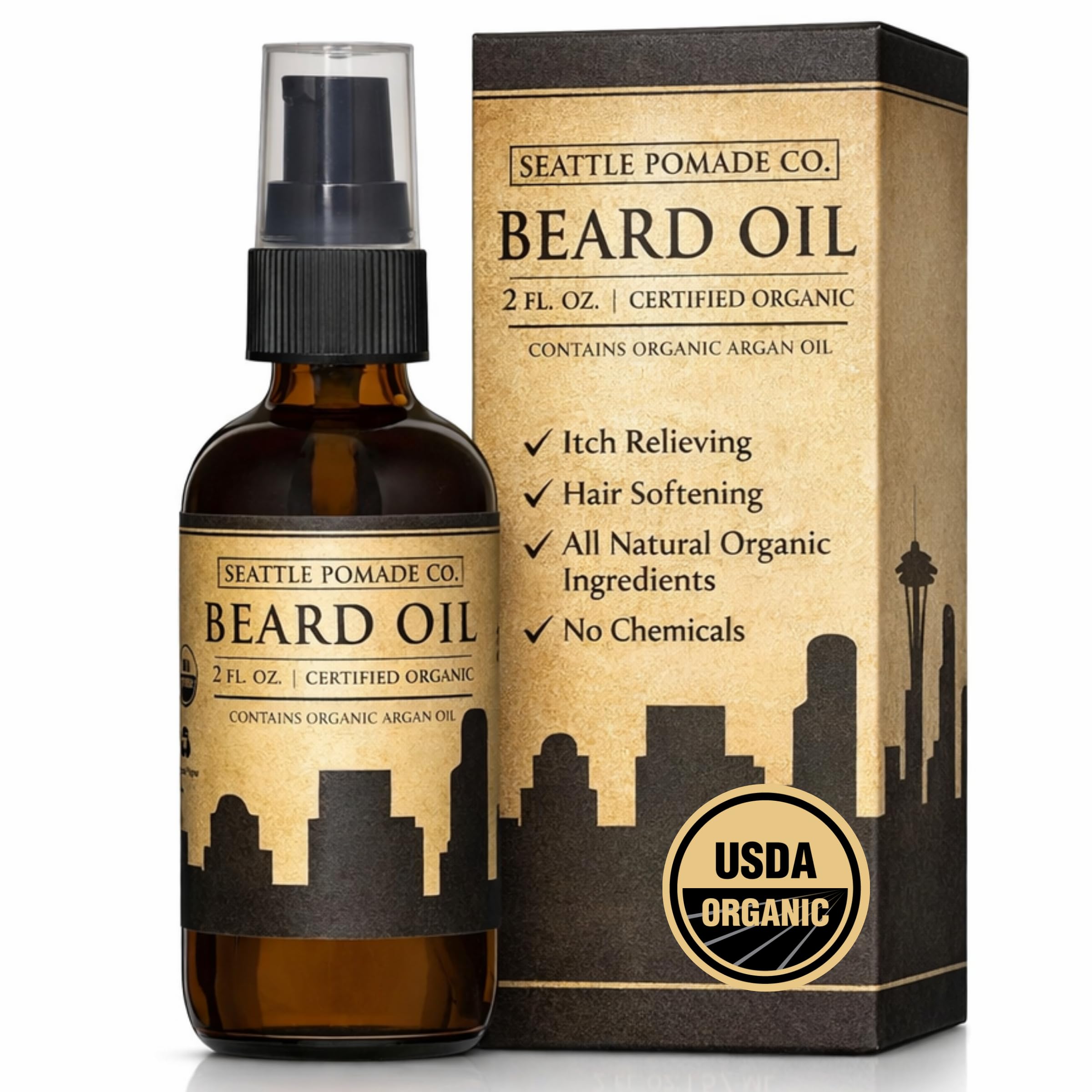 Seattle Pomade Co. Certified Organic Beard Oil for Men, Promotes Growth for Soft and Itch Free Facial Hair, Argan and Castor Oil. Globally sourced certified organic materials.