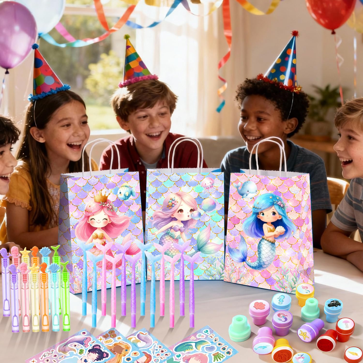 Sirena Bomboniere Festa,108 Pezzi Set di Bomboniere a Forma di Sirena Includere Tema Sirene Taccuino Regalo Borsa Adesivi Gadget Compleanno