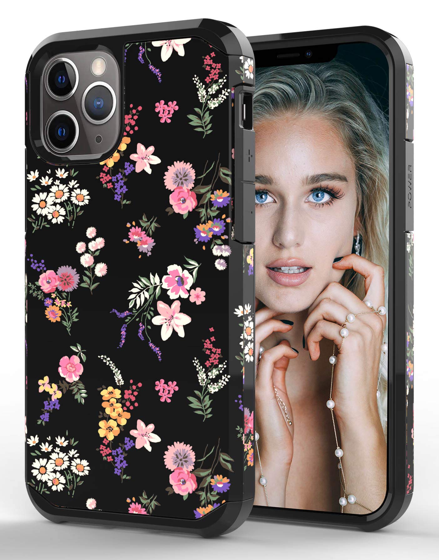 ShinyMaxProtective Case for Apple iPhone 11 Pro Max w/6.5" Display with Flowers Design,Hybrid Dual Layer Armor Cover Cute Flexible Sturdy Anti-Scratch Shockproof Case for Women and Girls-Floral/Black