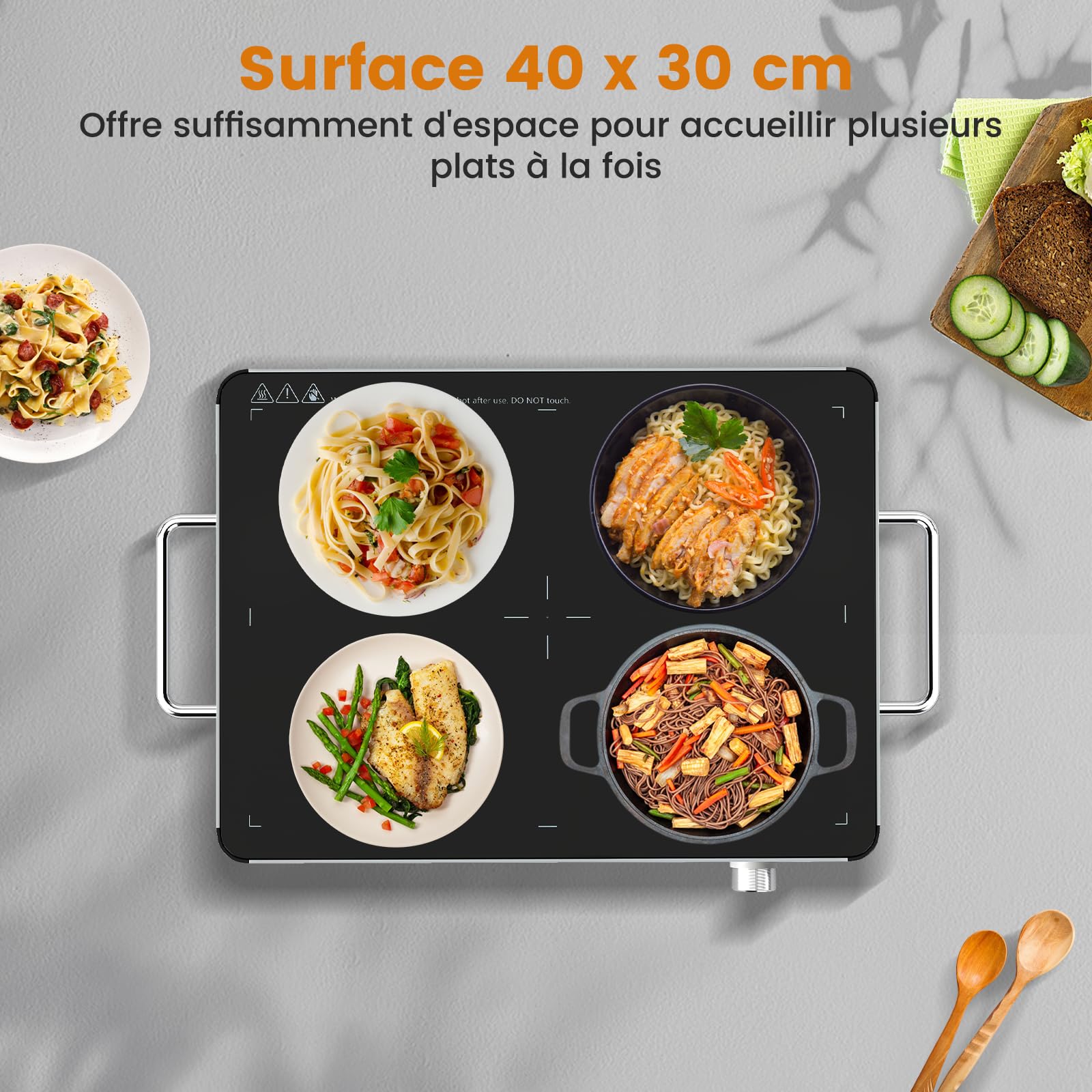 COSTWAY Chauffe Plat Électrique, Plateau Chauffant Électrique, Réchauffeur de Nourriture en Verre Trempé avec Température Réglable, Poignées Anti-Brûlure, pour Fêtes, Buffets, Vacances (40 x 30 cm)