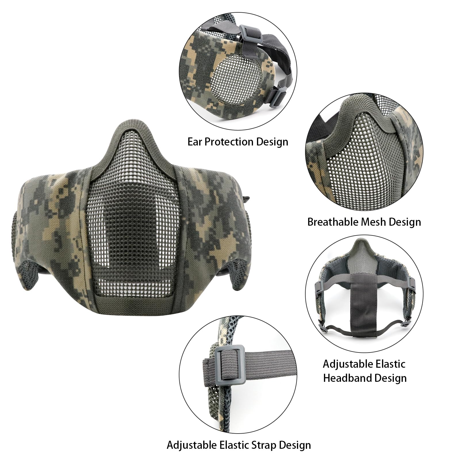 Maschera Airsoft con occhiali, pieghevole mezza faccia Airsoft Mesh Mask con protezione per le orecchie per Paintball Shooting Cosplay CS Game