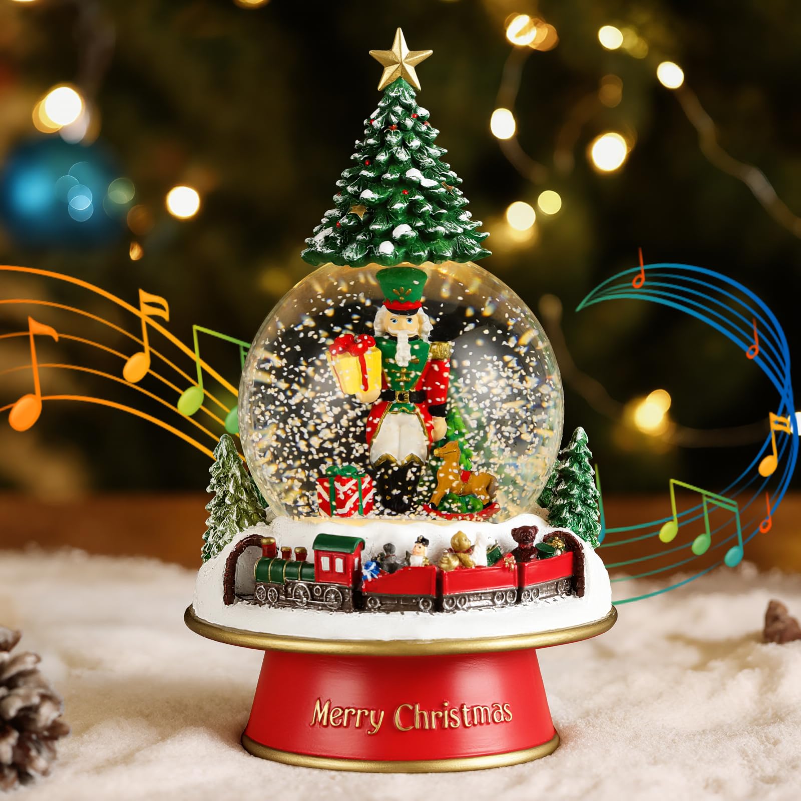 Lewondr Globo de Nieve Navideño, Globo de Cristal con 8 Canciones Navideñas, Caja de Música Eléctrica Reno con Tren y Cascanueces, Decoración de Navidad para Chimenea de Dormitorio