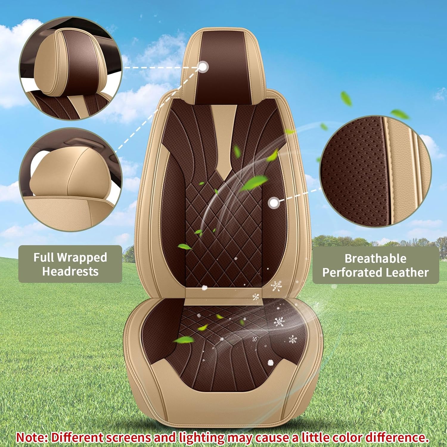 Breathable Car Seat Covers for Volkswagen Tiguan VW 2009-2025 2026, Front Seats, Perforated Leather, Seat Protector, Interior Trim for VW Tiguan Accessories (Beige&Brown)