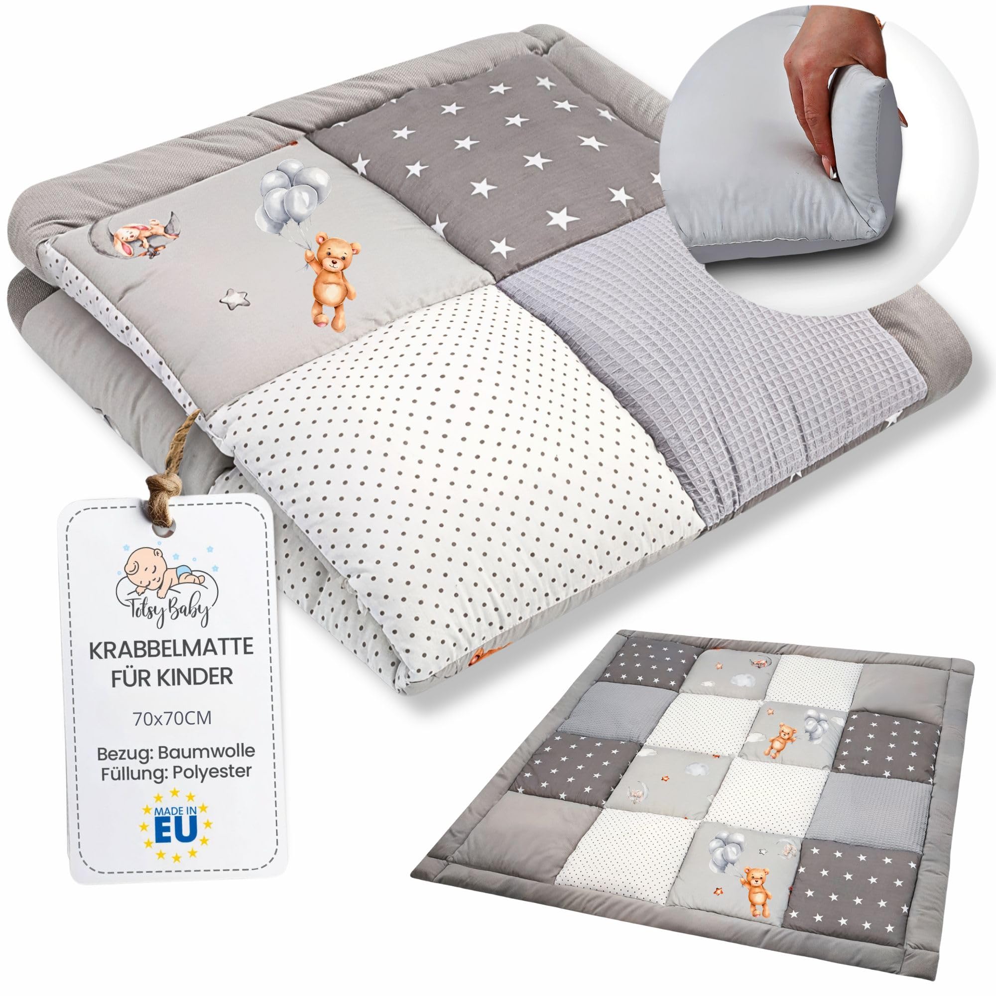 Tappeto gioco bambini per gattonamento 70x70 cm - Patchwork tappetino neonato cameretta bambina e bambino tappeti stanza per gattonare bimbi Oeko-Tex Orsacchiotti