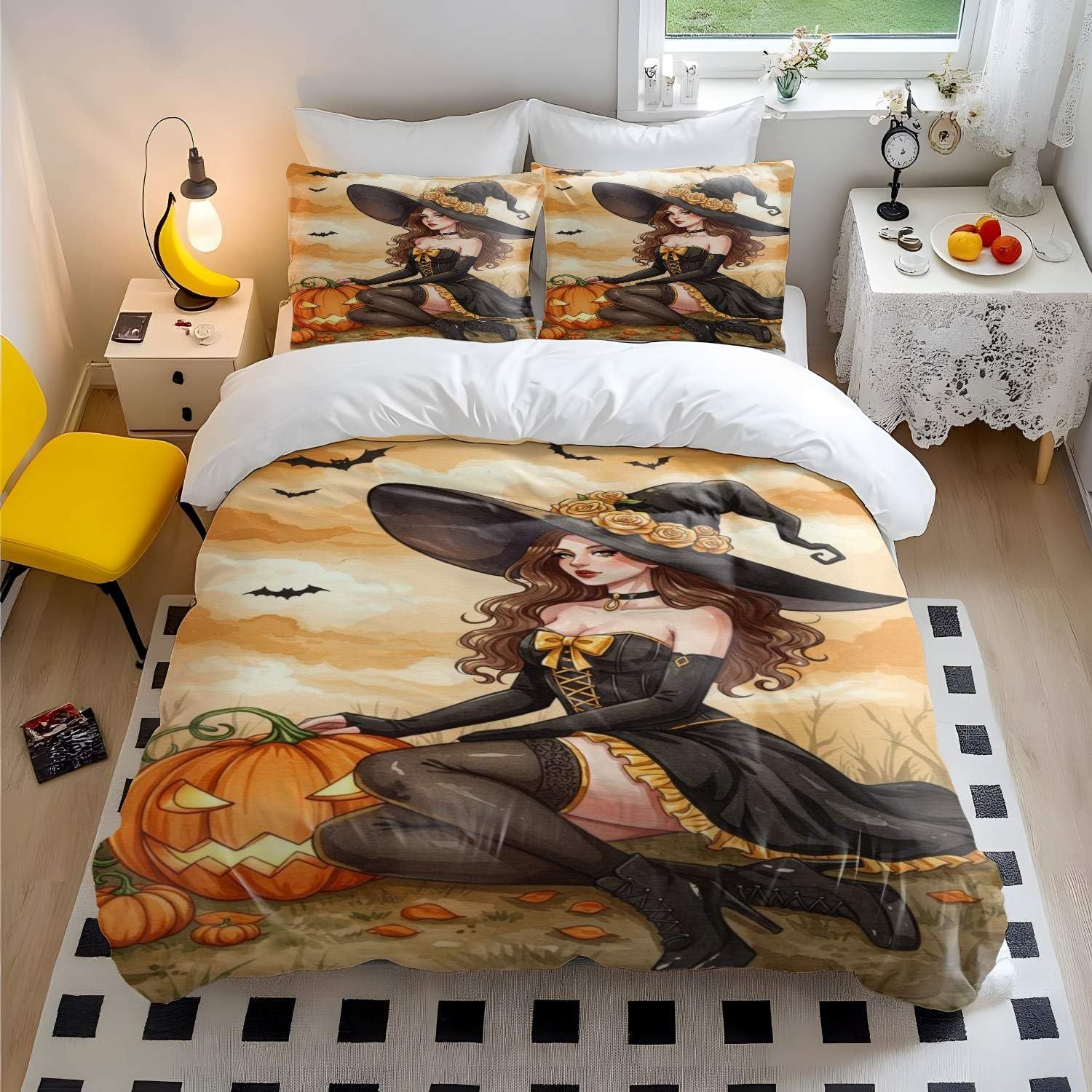 Halloween Witch Duvet Cover Set Queen, Watercolor Gothic