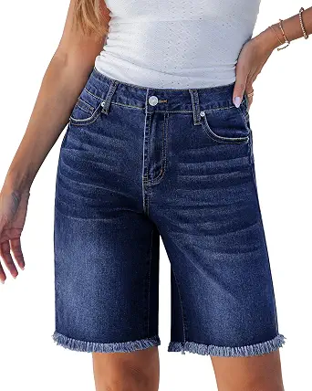 Luvamia Women's Jean Bermuda Shorts, Mid Rise Raw Hem Knee Length Denim Shorts
