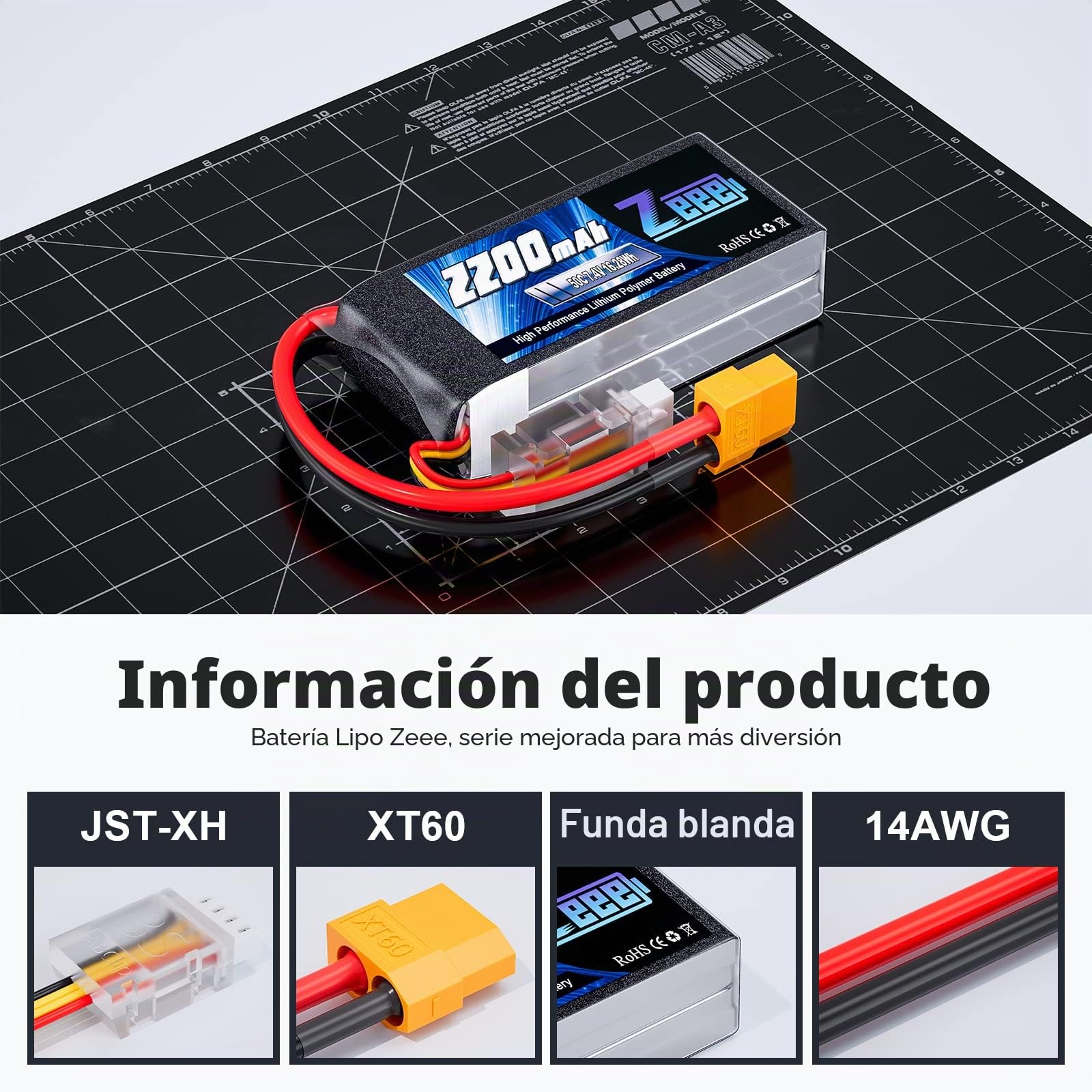 Zeee 2S Lipo Batería 50C 2200mAh 7.4V Batería Corta con Enchufe XT60 para 1/16 Slash RC Car RC Truck RC Helicóptero Avión Quadcopter Drone RC Boat Racing Models (2 Paquetes)