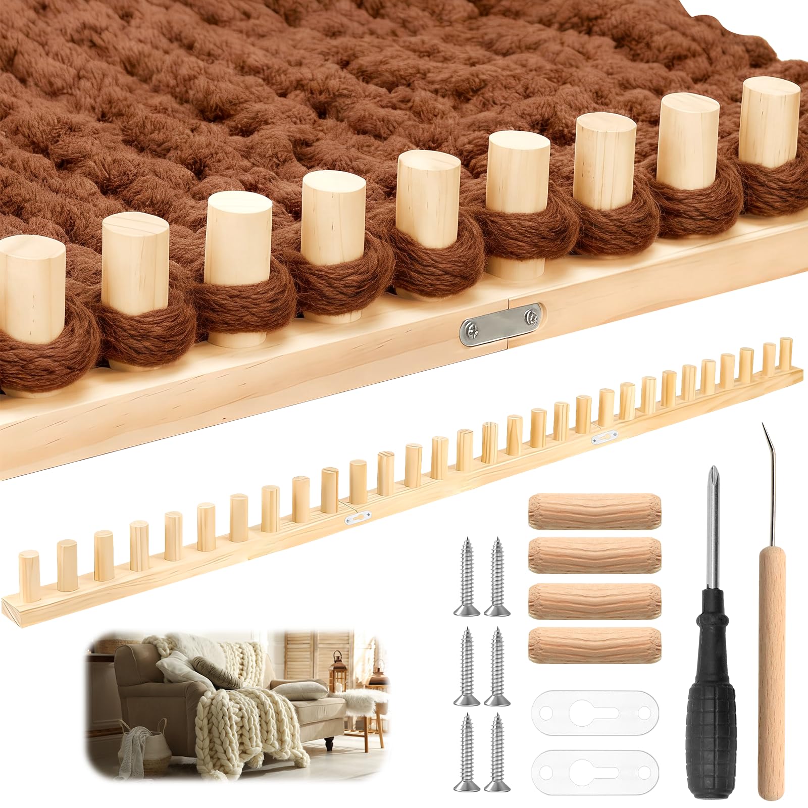 ZOCONE 46" Wooden Chunky Blanket Loom Includes Crochet Hooks, Adjustable Blanket Loom Knitting for Chunky Blanket Yarn, Hand Knitting Loom for Beginner, No Needles or Other Tools Required-image-35
