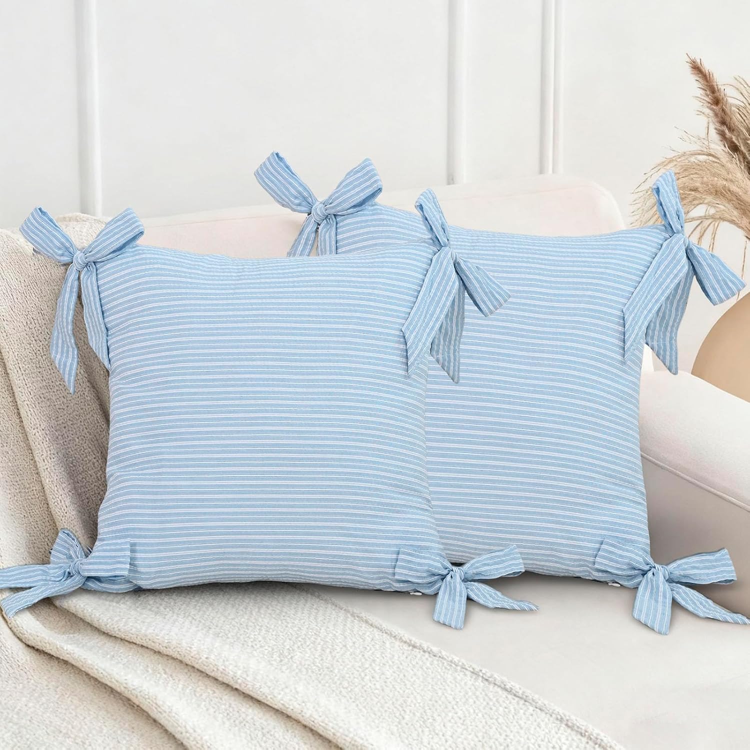 vctops Pack of 2 Cotton Stripe Decorative Throw Pillow Covers 12x20 Inch Boho Bow Lumbar Cushion Cover Pillowcase Modern Farmhouse Home Decor for Sofa Bedroom Couch (Green,12"x20")