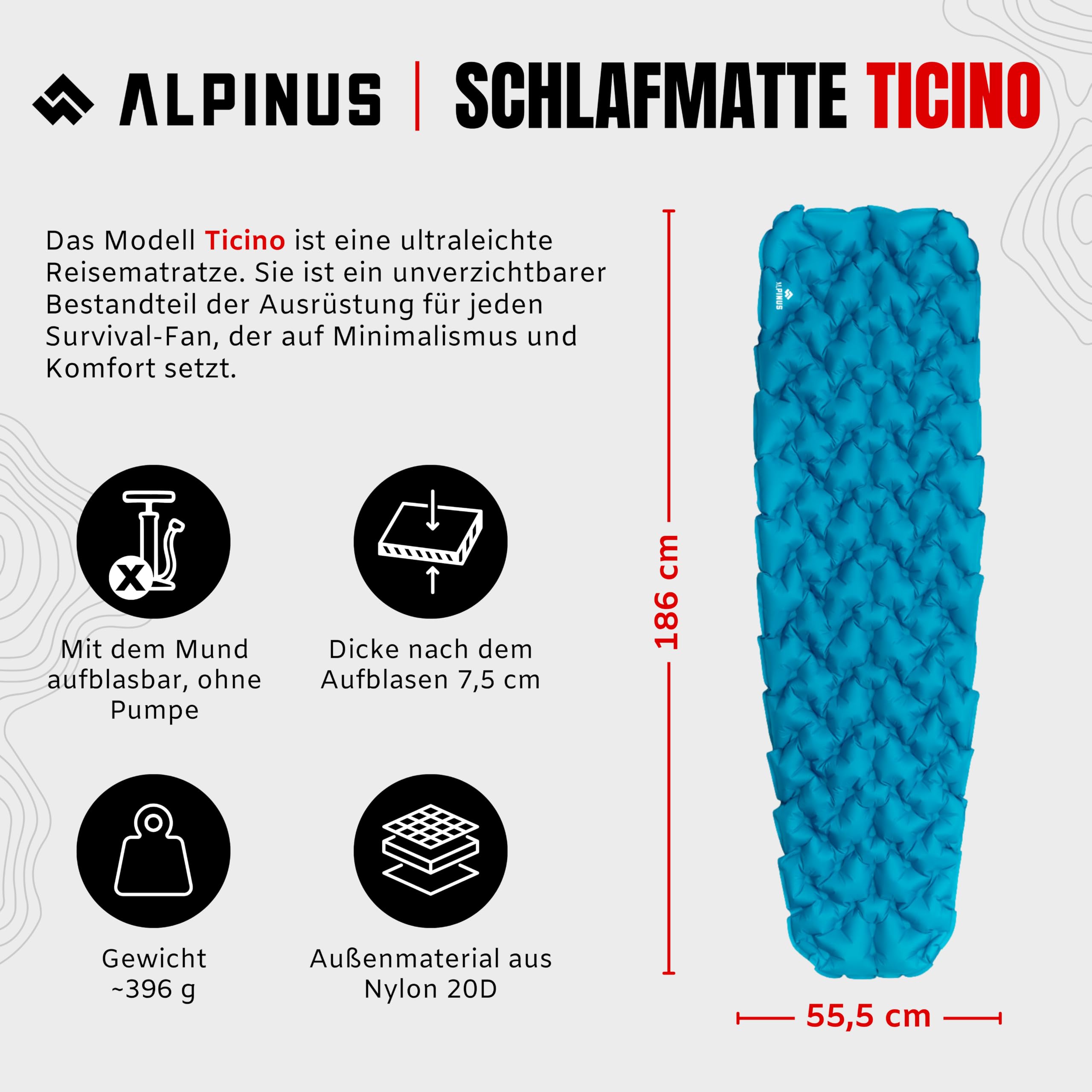 Alpinus - Materac Dmuchany Ticino ZJ11148, Materac Kempingowy 186 x 55,5 x 7,5 cm, Wymiary Opakowania: 23 x 8 cm, Ultralekkie Łóżko Dmuchane, Kompaktowy - niebieski