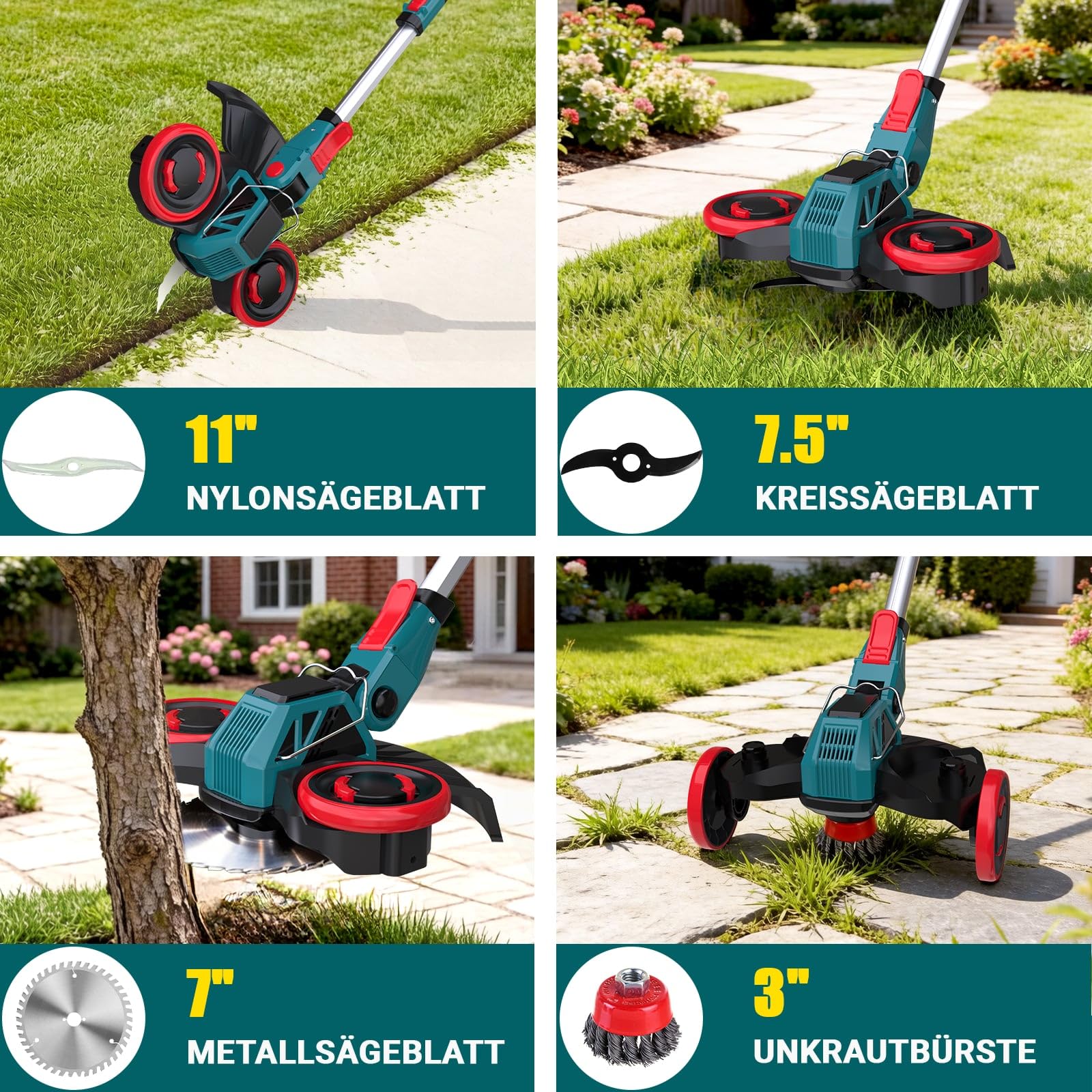 Akku Rasentrimmer für Makita Akkus, 3-in-1 kantenschneider & Rasentrimmer mit Unkrautbürste, Rasenkantenschneider, Freischneider Akku, Motorsense Akku - Inkl. 2 X 21V 4.0Ah Batterie & Ladegerät
