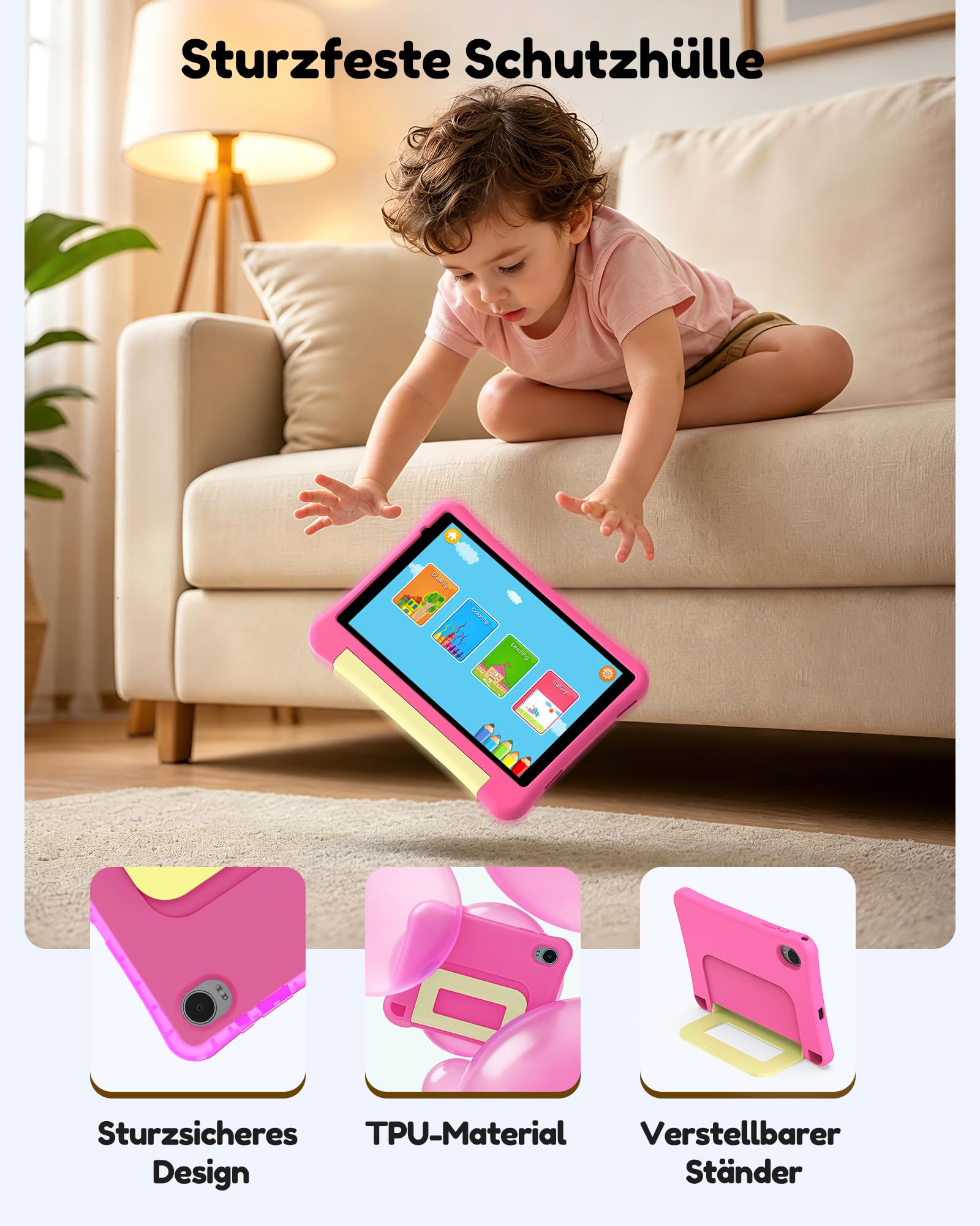 ALLDOCUBE KIDO Kinder Tablet 8 Zoll Android 15 Go, 32GB ROM + 512GB TF-Karte, Kindersicherung, iWawa, 5G WLAN, Unisoc T310, 5000mAh, 2 Lautsprecher, 3,5mm Buchse, Kinder Tablet mit Schutzhülle – Rosa