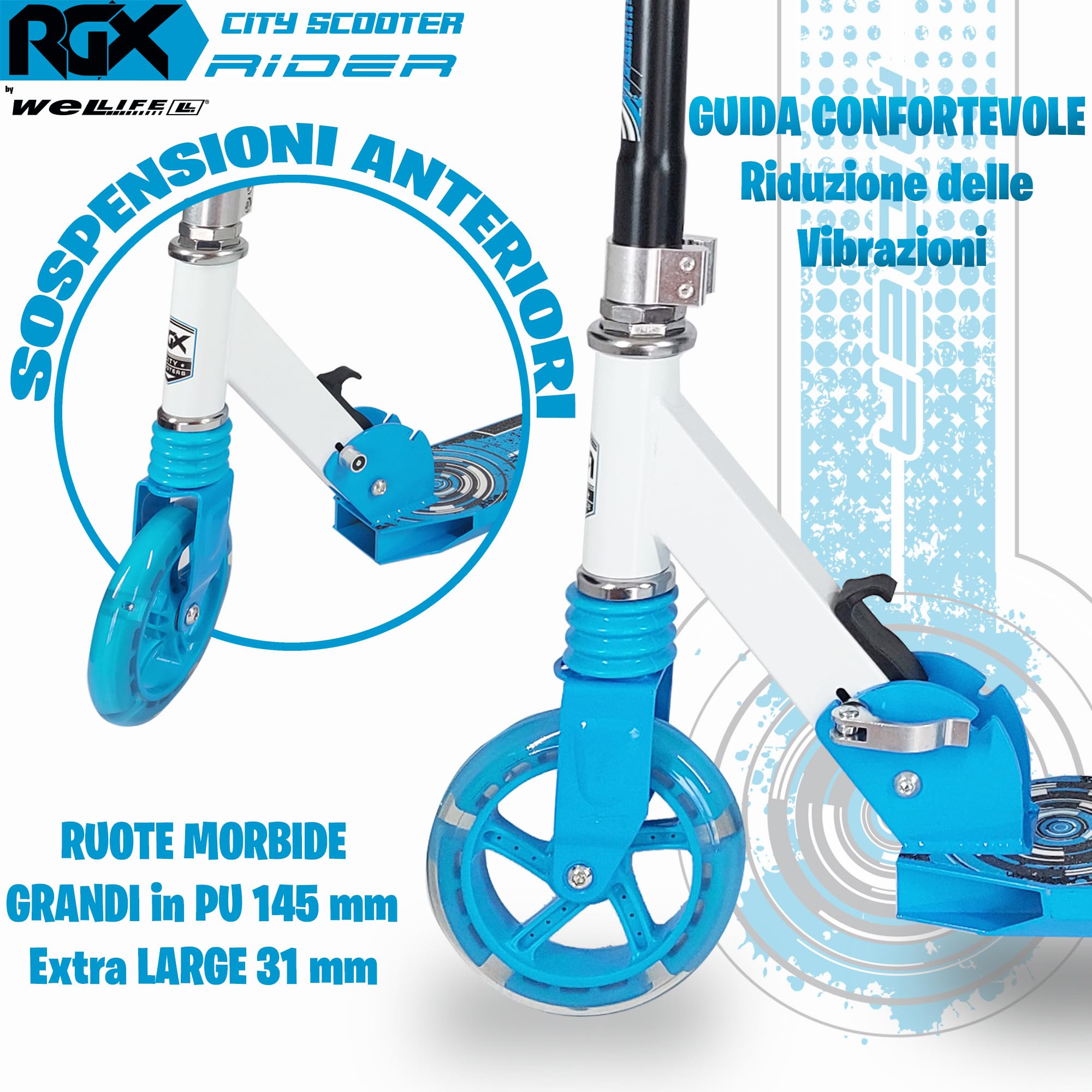WeLLIFE Rider Monopattino Pieghevole per Bambini e Ragazzi, Urban Scooter in Alluminio con Ruote LED da 145 mm, Manubrio Regolabile in 3 Altezze, Freno a Pedale, fino a 100 kg