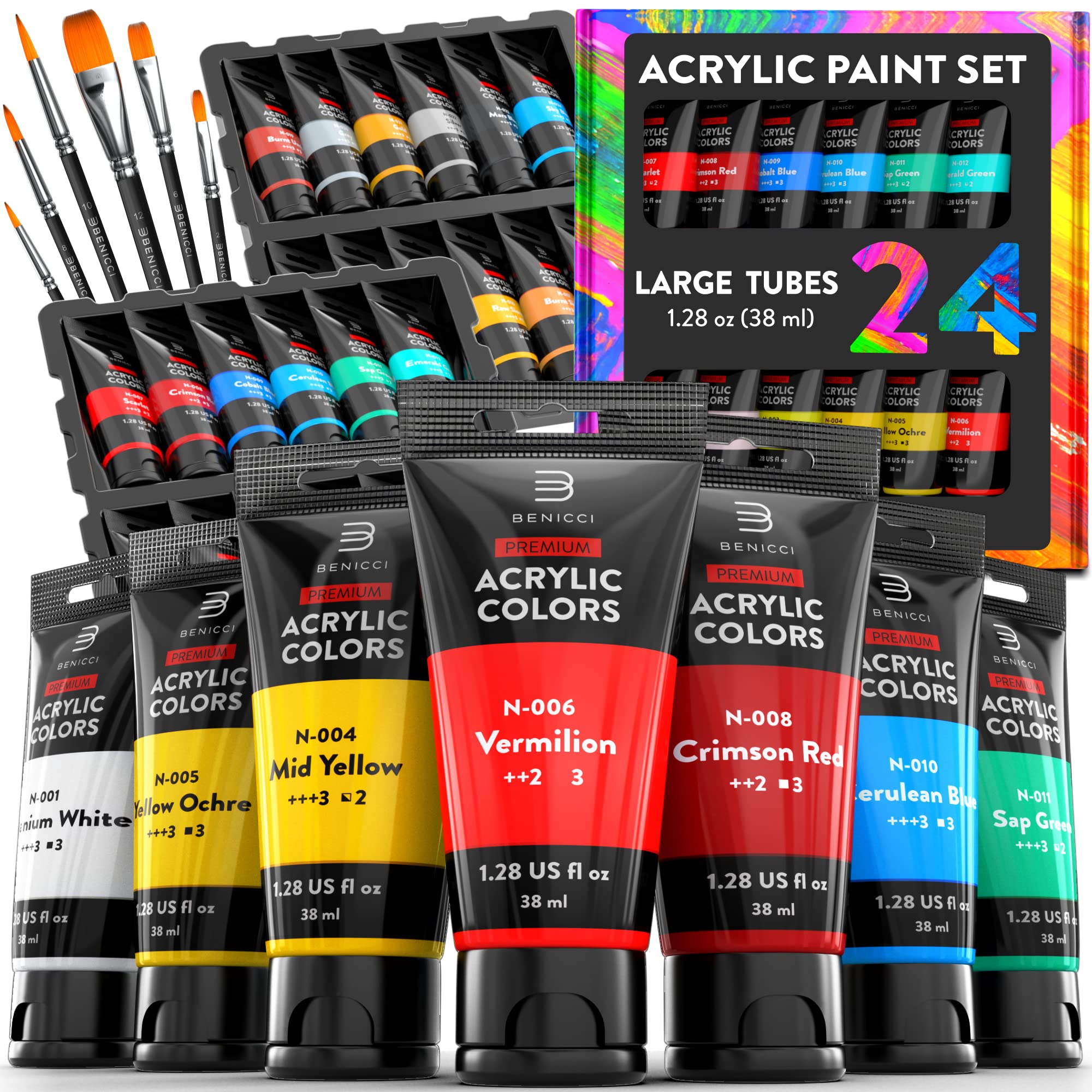 Premium Quality Acrylic Paint Set 24 Colors - 1.28oz (38ml) - with 6 Nylon Brushes - Safe for Kids & Adults - Perfect Kit for Beginners, Pros & Artists to Create Amazing Paintings and Artwork