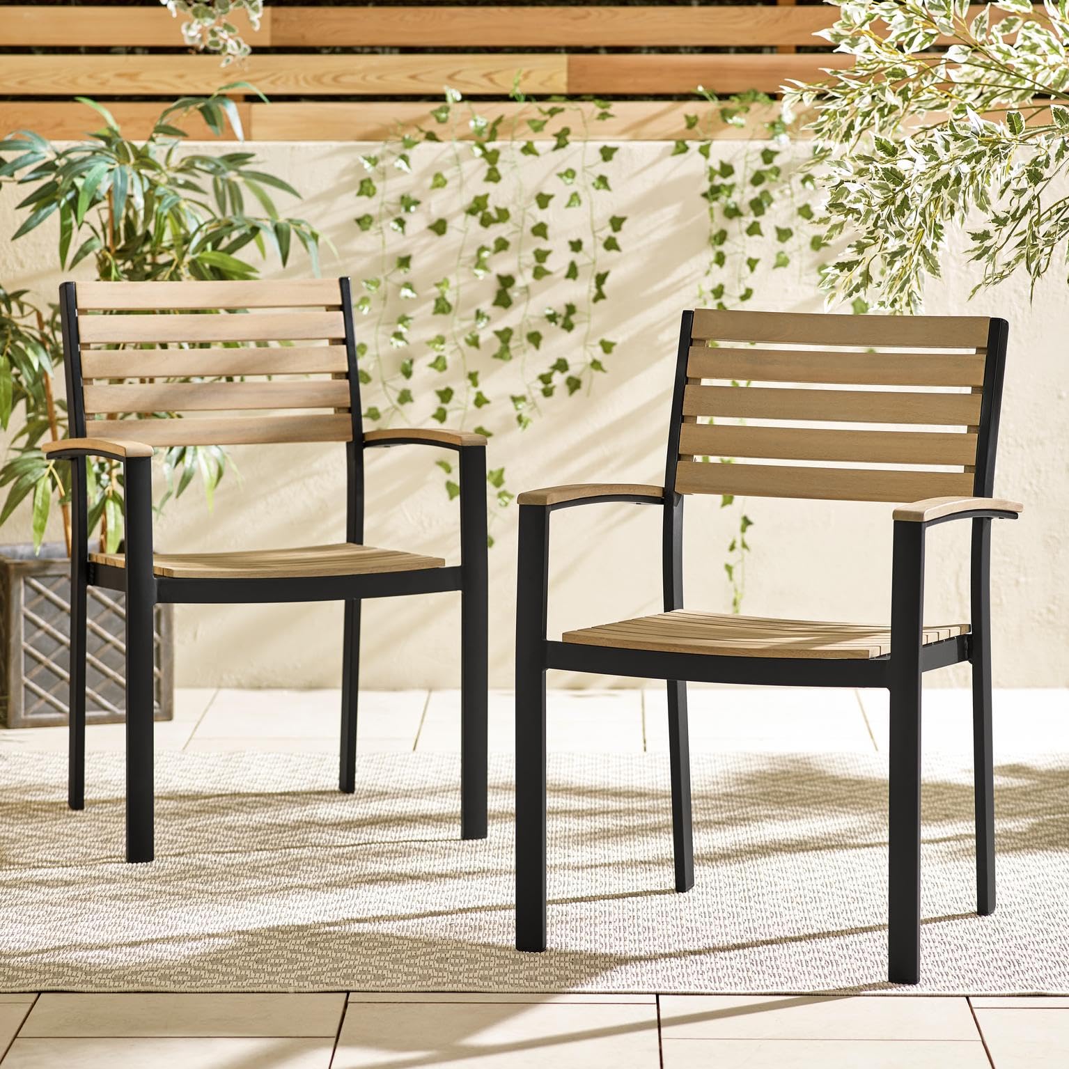 Furniturebox UK Outdoor Furniture, Pair of Malva Black Metal & Solid Wood 2 Seat Outdoor Chairs, Small Wooden Garden Set for Patio Deck or Balcony