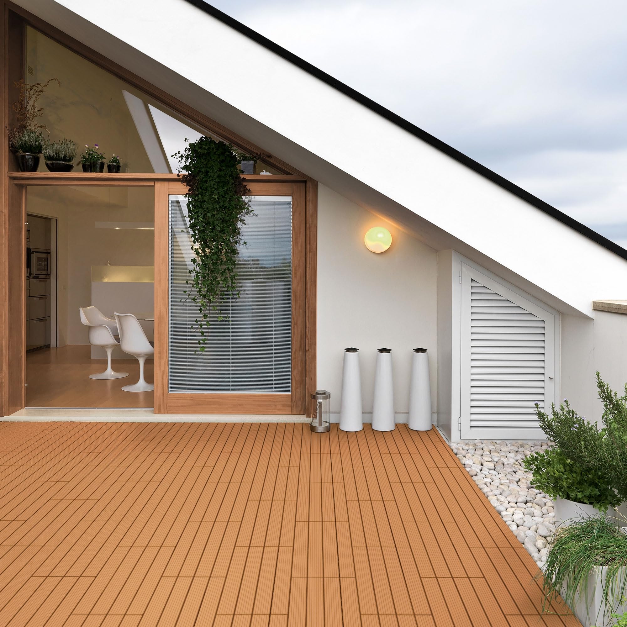 ECD Germany Dalles Terrasse Clipsables WPC 60x30 cm/6 pièces=1m² Marron Clair Strié Aspect Bois Panneaux avec Système à Clic et Drainage Revêtement de Sol Carrelage Lames Patio Jardin Extérieur