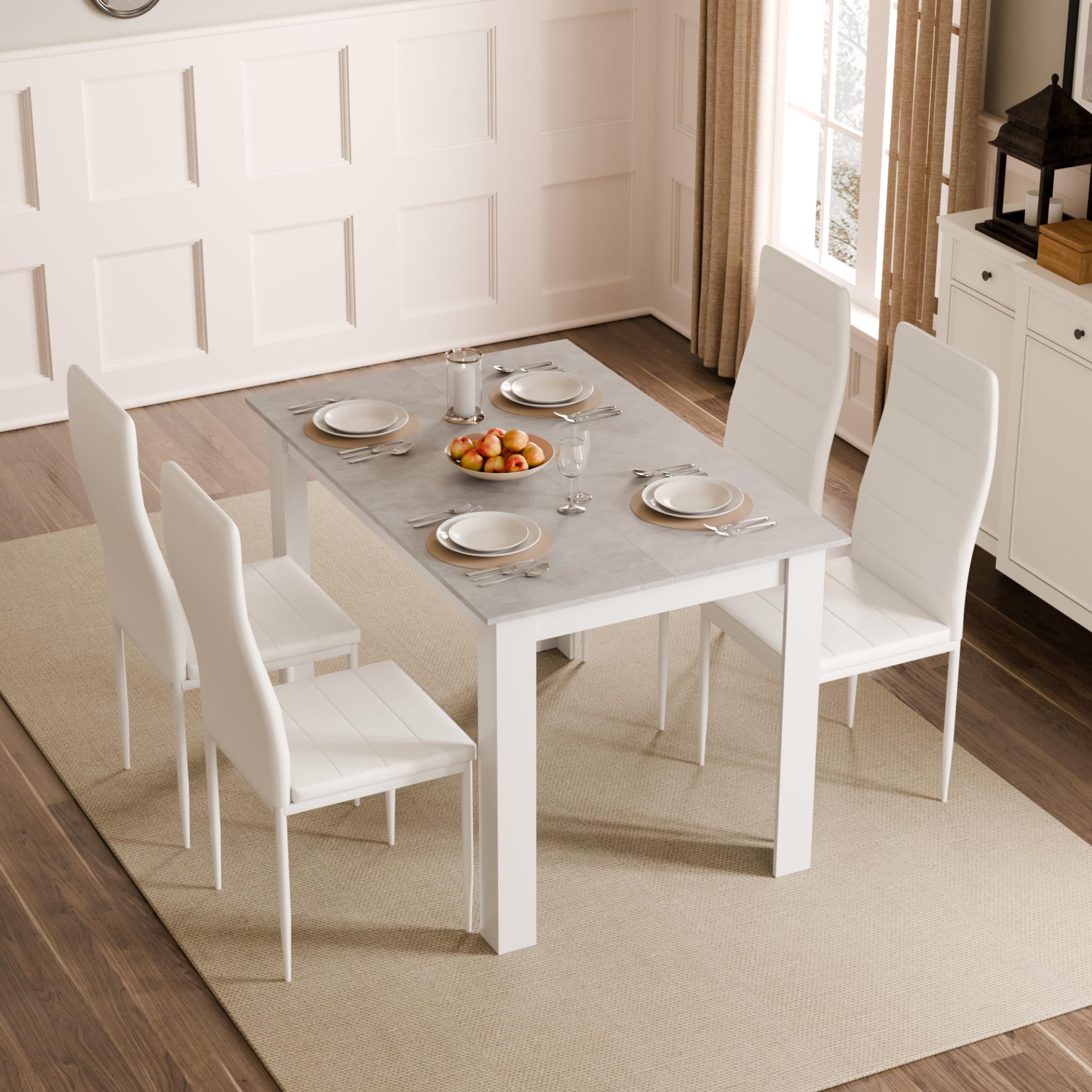 Mondeer Tavolo da pranzo, 120 x 80 cm, moderno, per 4 persone, in legno, rettangolare, per sala da pranzo, cucina, soggiorno, grigio e bianco