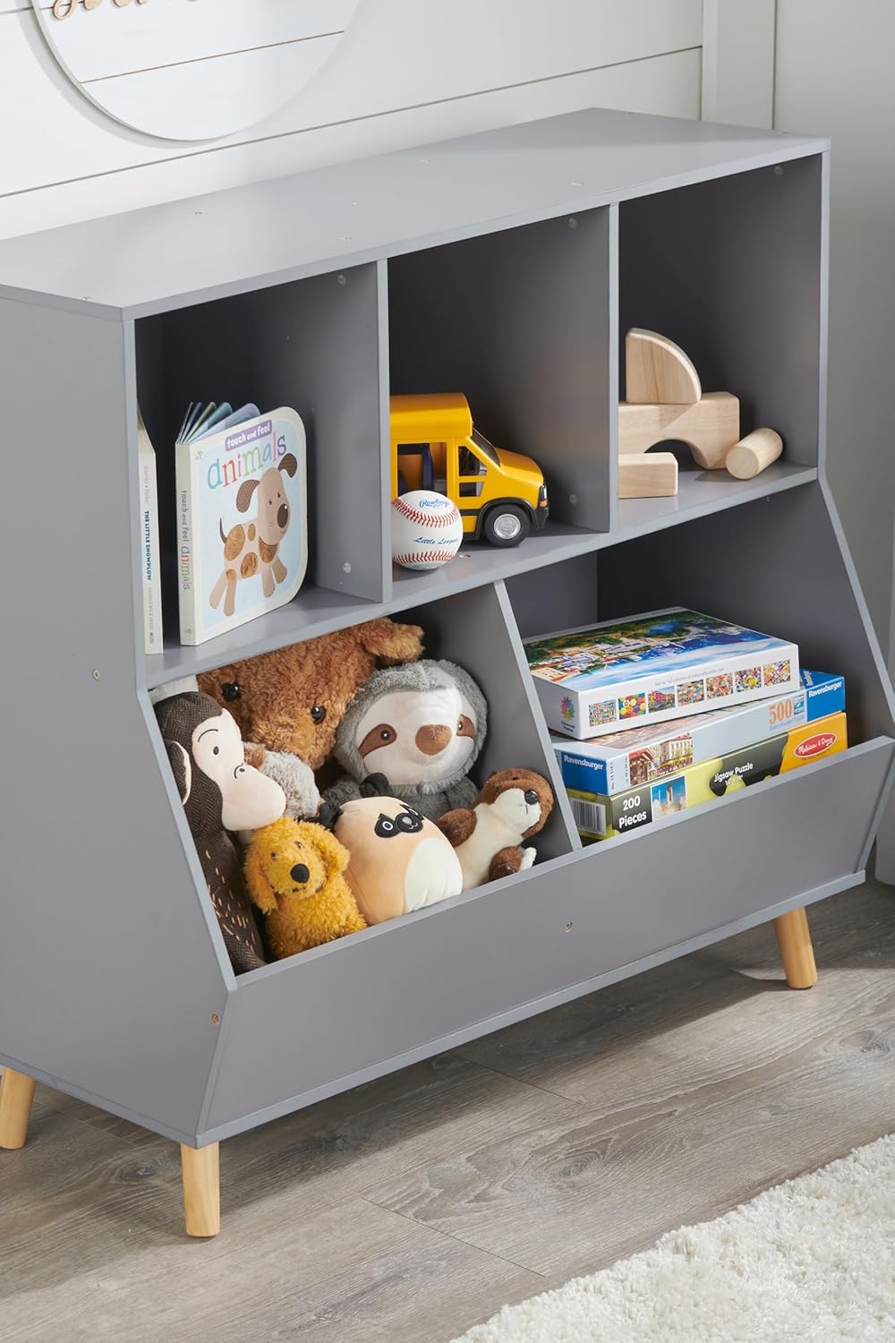 Gray Wooden 5-Bin Kids Toy Storage Organizer with Feet