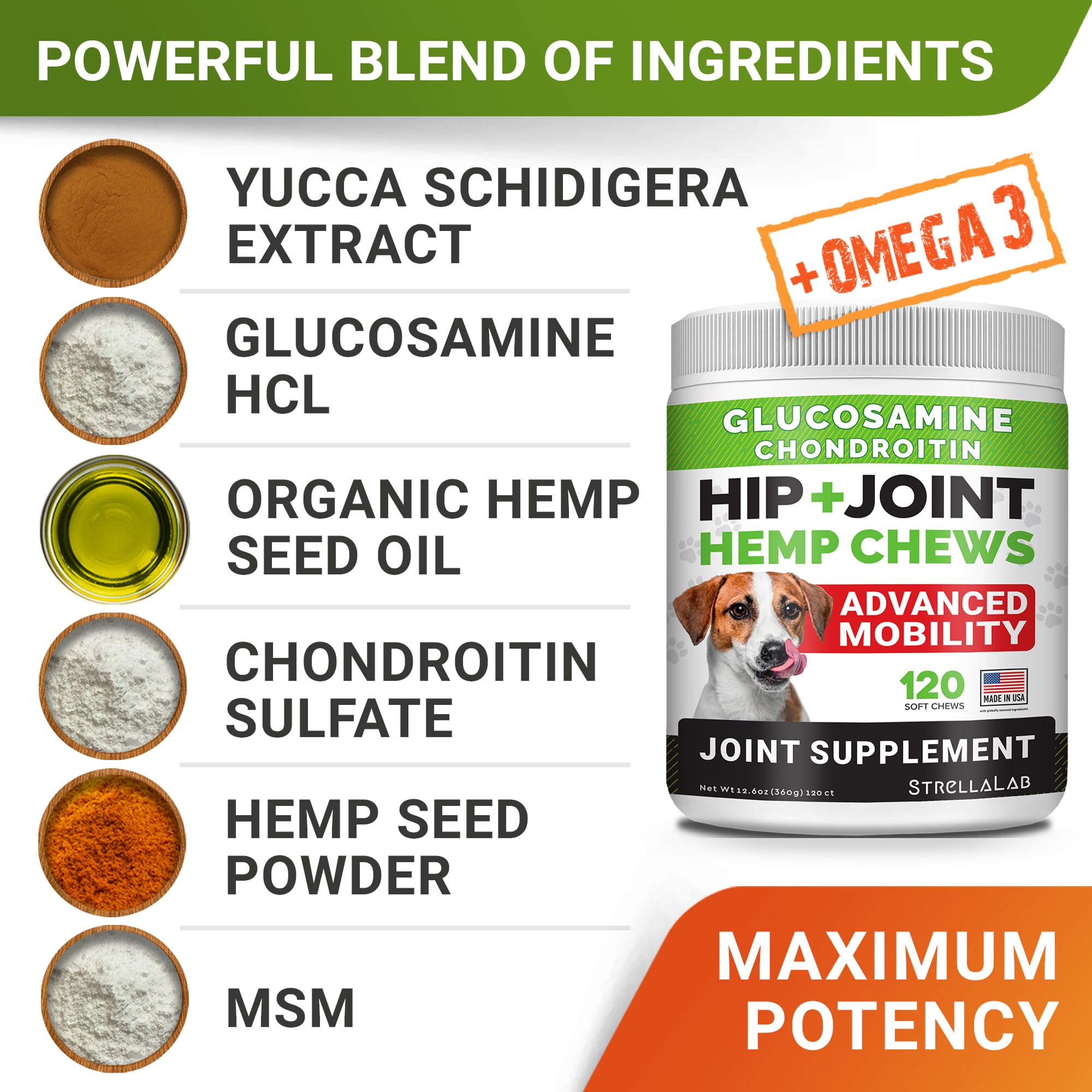 STRELLALAB Hemp Chews for Dogs - Hip & Joint Supplement with Glucosamine - Joint Pain Relief Treats - Omega 3, Chondroitin, MSM - Advanced Mobility Support - Chicken Flavor - 120 Ct - Made in USA - image 2