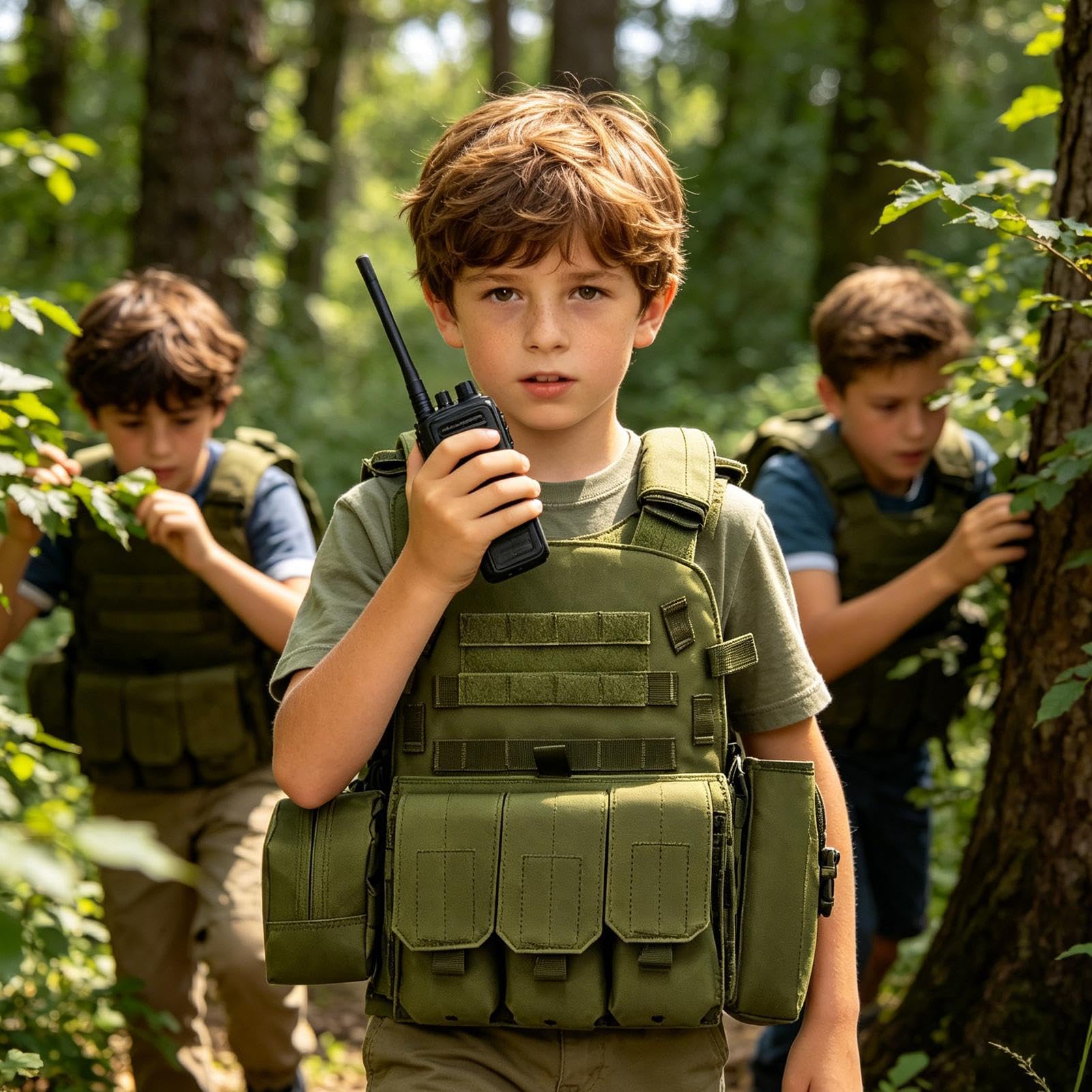 Generisch Jugend-Airsoft-Weste – 45 cm x 35 cm, verstellbares Schutz-Brustgestell, Design mit mehreren Aufbewahrungstaschen, 500 g Gewicht, langlebiges Oxford-Fasergewebe für Paintball-Cosplay-Spiele