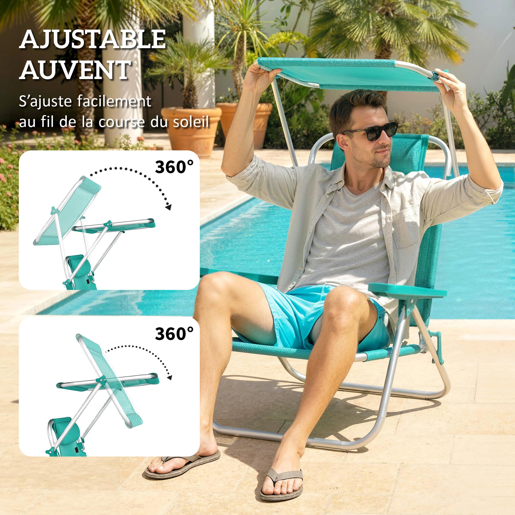 Outsunny - Silla de Playa Plegable con Toldo Ajustable, Respaldo Reclinable de 6 Posiciones, Reposacabezas, Aluminio y Malla Transpirable, para Exterior, Jardín, Pícnic, Festival, Viajes, Turquesa