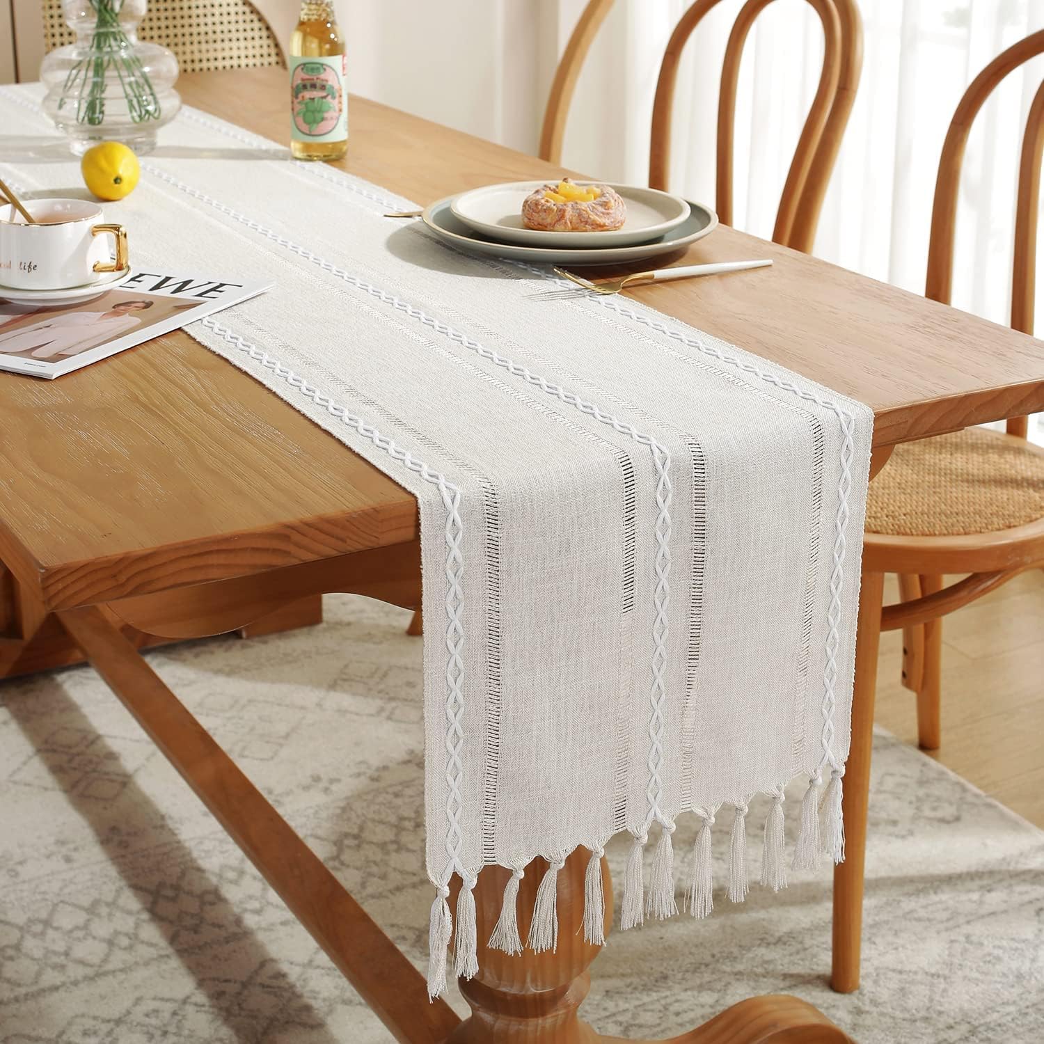 Rustic Farmhouse Style Linen Table Runne, Linen Boho Table Runner, Braided Striped Table Runner for Dining for Holiday Party, Wedding and Dining Decorations (13"W X 72"L)