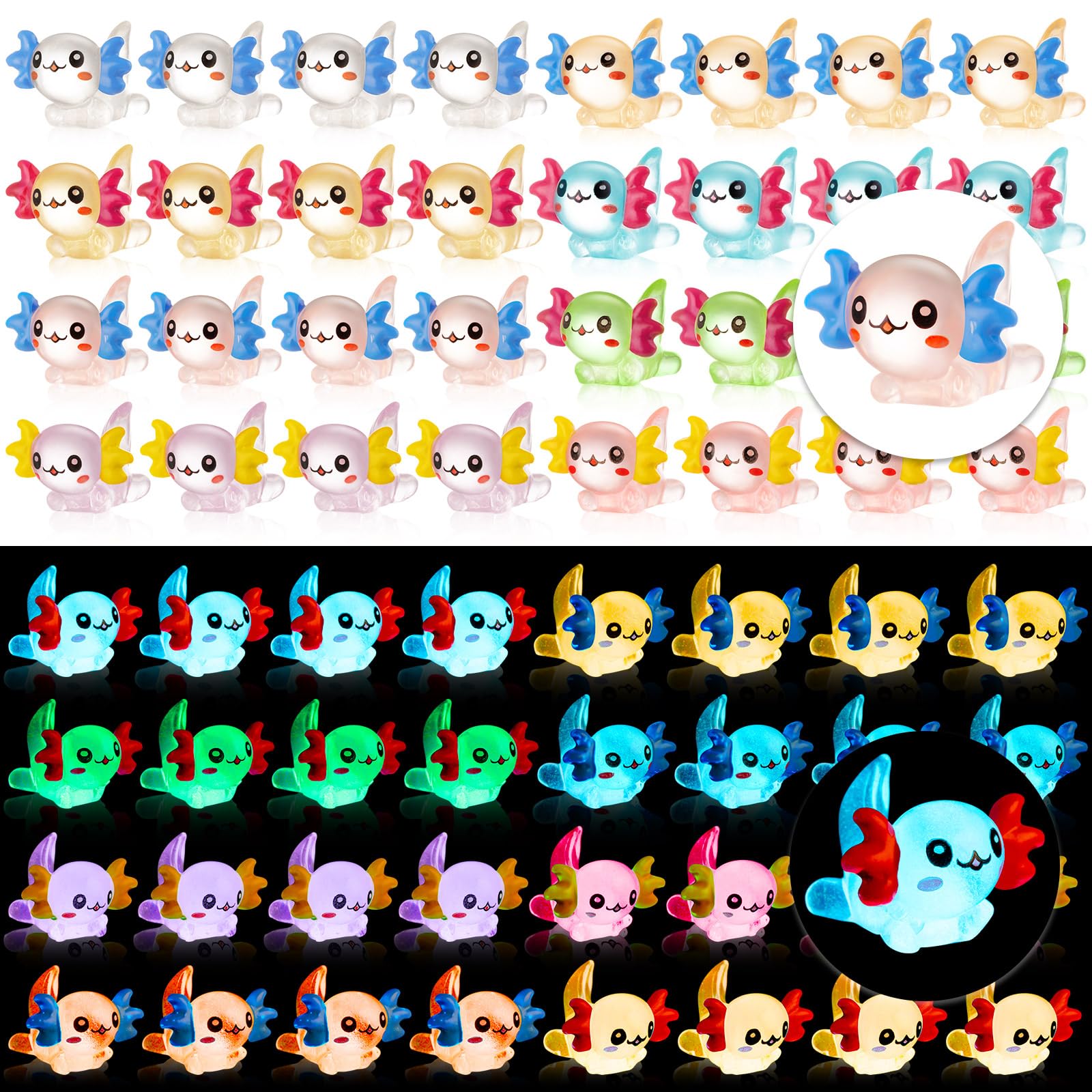 FFNIU 32Pcs Luminous Mini Resin Axolotl, Miniature Axolotl Figurines, Glow in The Dark Tiny Axolotl Ornament for Garden Landscape Aquarium Dollhouse Birthday Party Room Crafts Decor