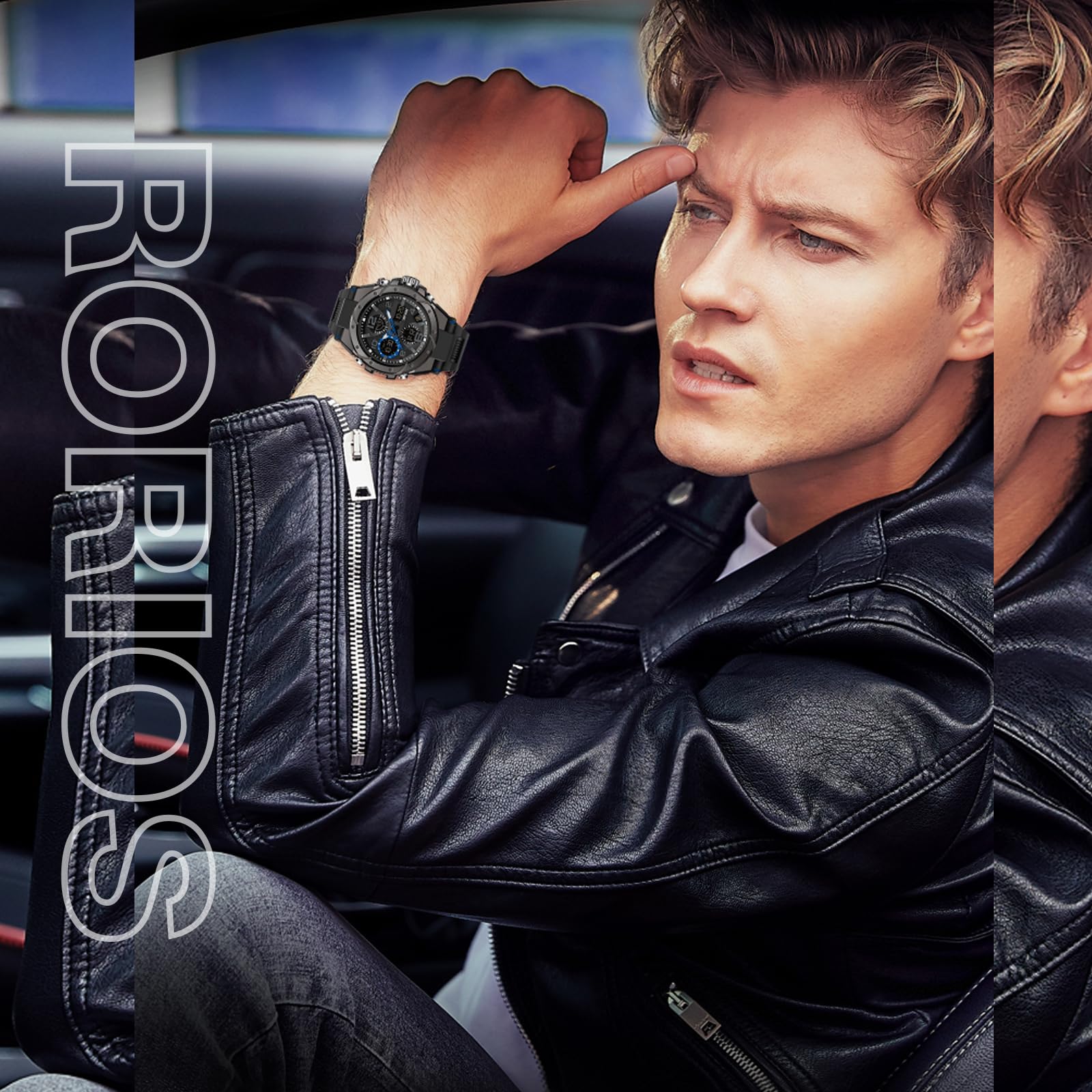 RORIOS Orologio sportivo da uomo, digitale, impermeabile, digitale, militare, orologio con sveglia, quadrante grande, quadrante blu, cinturino