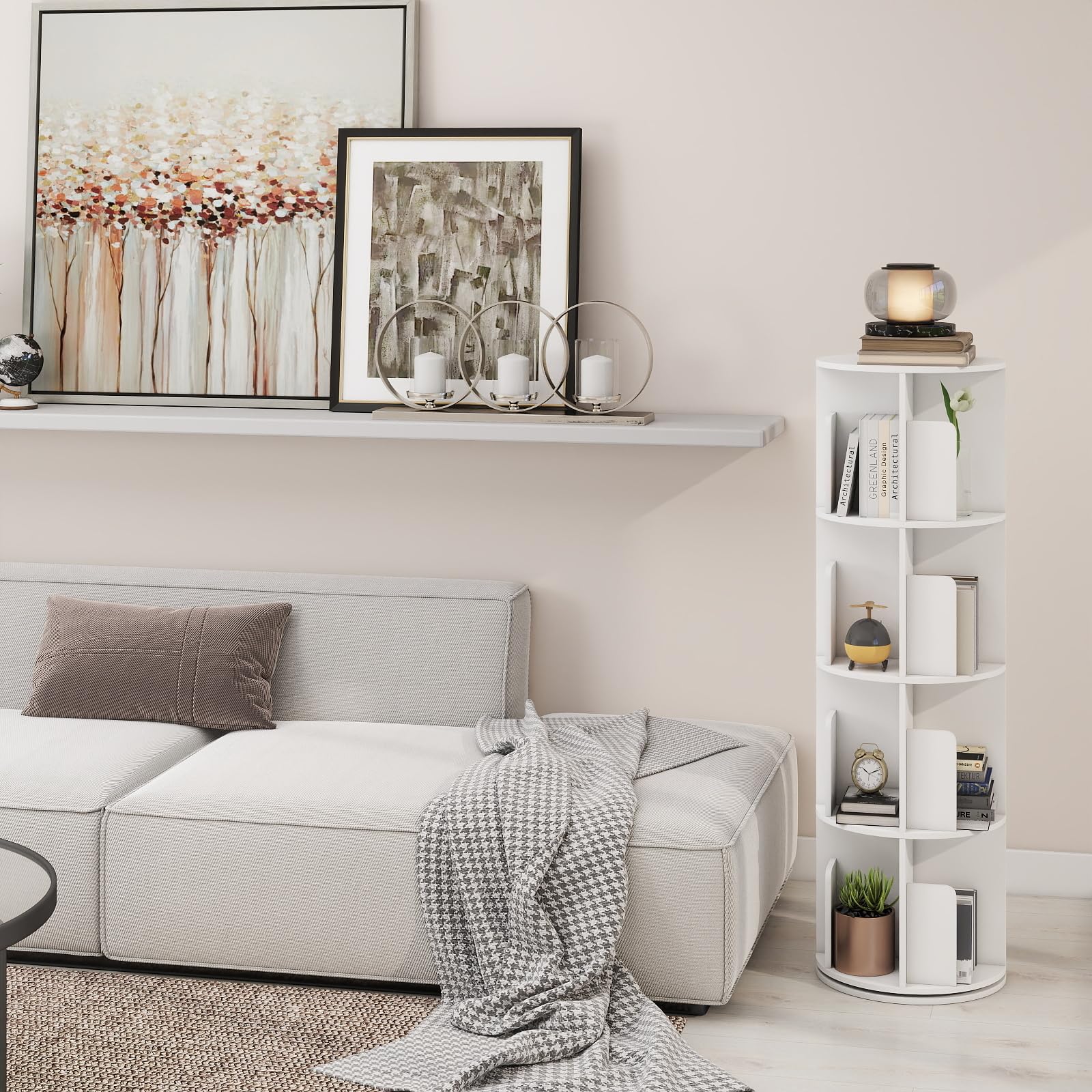 Bibliothèque Rotative, 4 Niveaux et 16 Compartiments, Base Ronde rotative à 360°, Convient pour Salon, Chambre, Bureau, Chambre d'enfant, 39×128cm (φ×H), Blanc